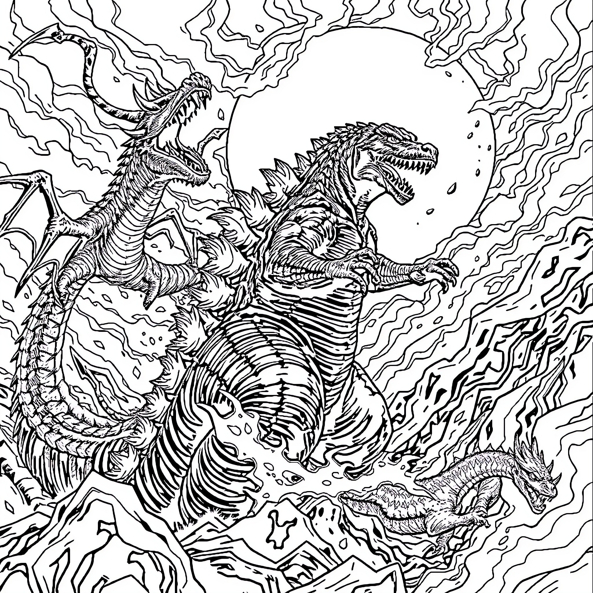 Godzilla's Fearsome Rampage through the Cityscape Coloring Page (free black-and-white line drawing printable PDF for all, from beginners to advanced learners, including children, teens, adults, and seniors)