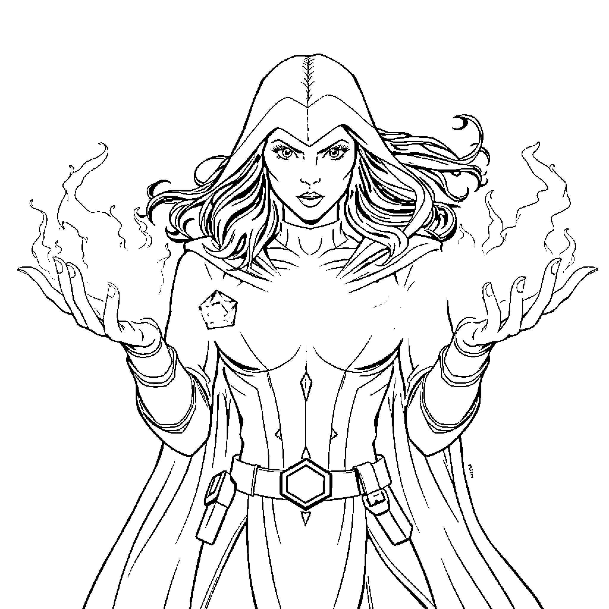 Scarlet Witch wielding powerful magic Coloring Page (free black-and-white line drawing printable PDF for all, from beginners to advanced learners, including children, teens, adults, and seniors)
