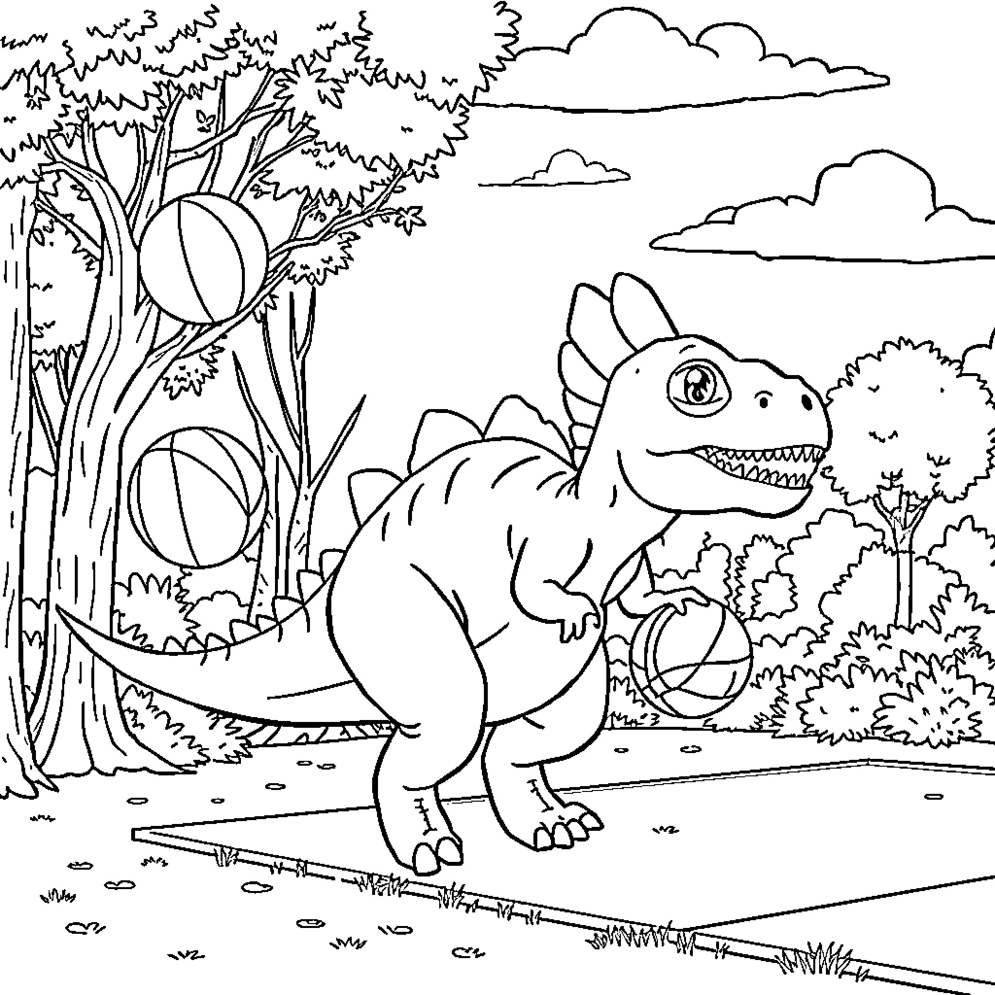 Tyrannosaurus roaming through lush forest scenery Coloring Page (free black-and-white line drawing printable PDF for all, from beginners to advanced learners, including children, teens, adults, and seniors)
