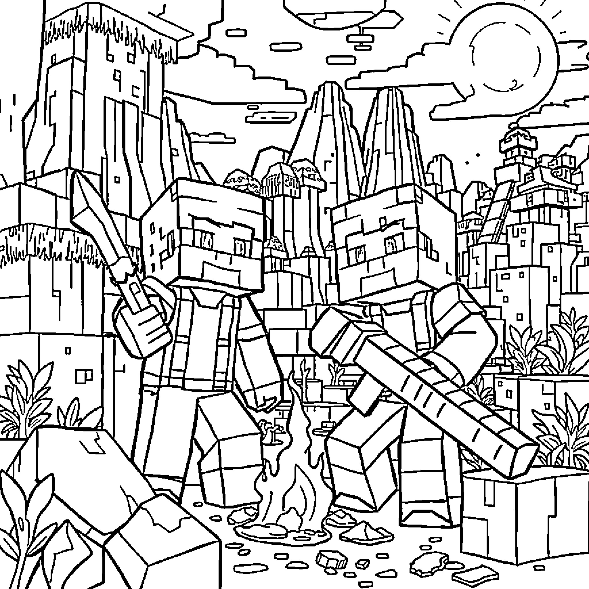 Mikey's Fantastical Adventure in the Blocky World Coloring Page (free black-and-white line drawing printable PDF for all, from beginners to advanced learners, including children, teens, adults, and seniors)