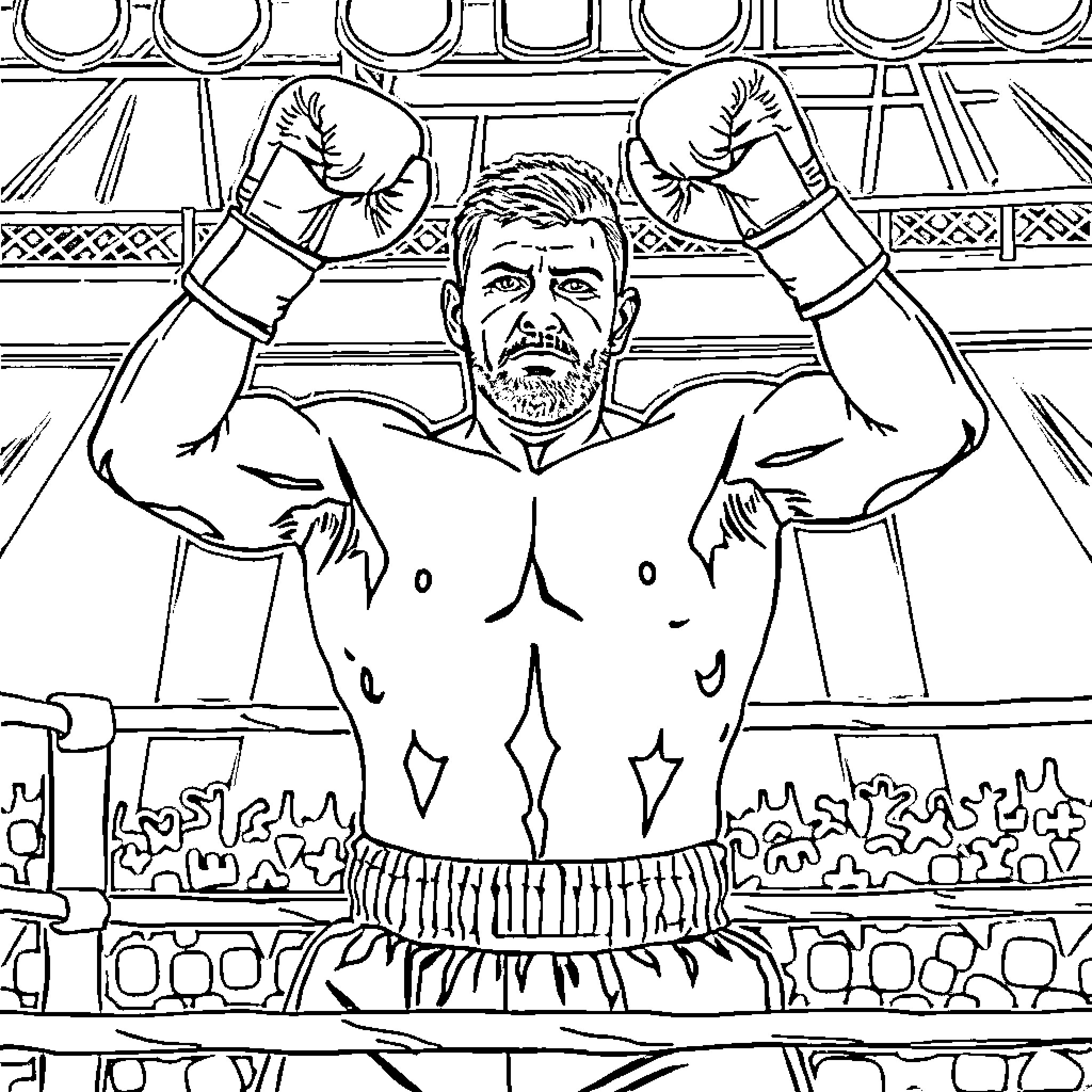 Usyk Victorious in the Ring Coloring Page (free black-and-white line drawing printable PDF for all, from beginners to advanced learners, including children, teens, adults, and seniors)