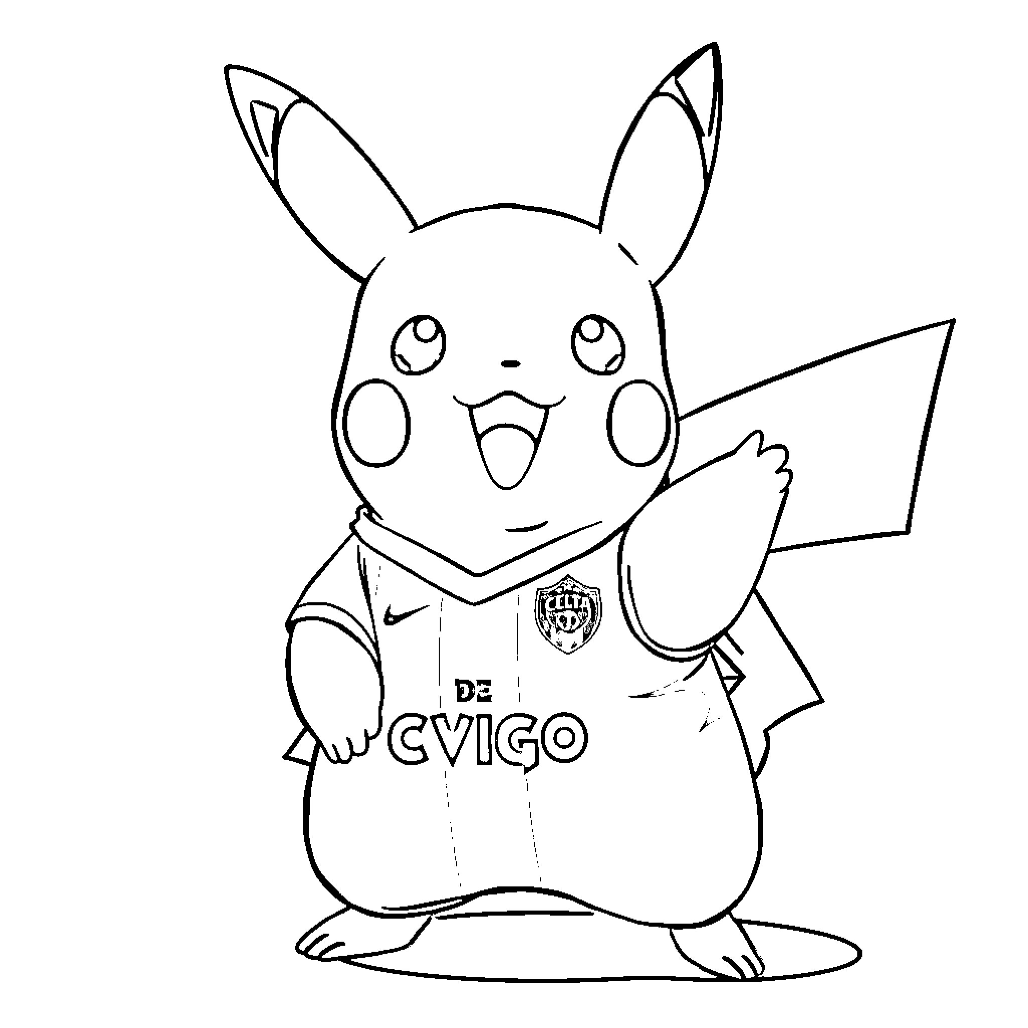Pikachu wearing a soccer jersey Coloring Page (free black-and-white line drawing printable PDF for all, from beginners to advanced learners, including children, teens, adults, and seniors)
