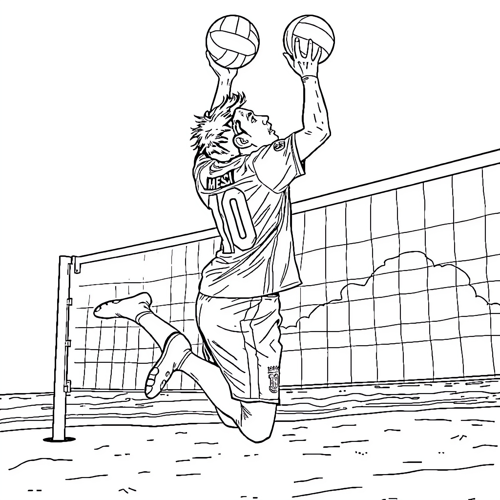 Messi Jumping to Spike the Volleyball Coloring Page (free black-and-white line drawing printable PDF for all, from beginners to advanced learners, including children, teens, adults, and seniors)