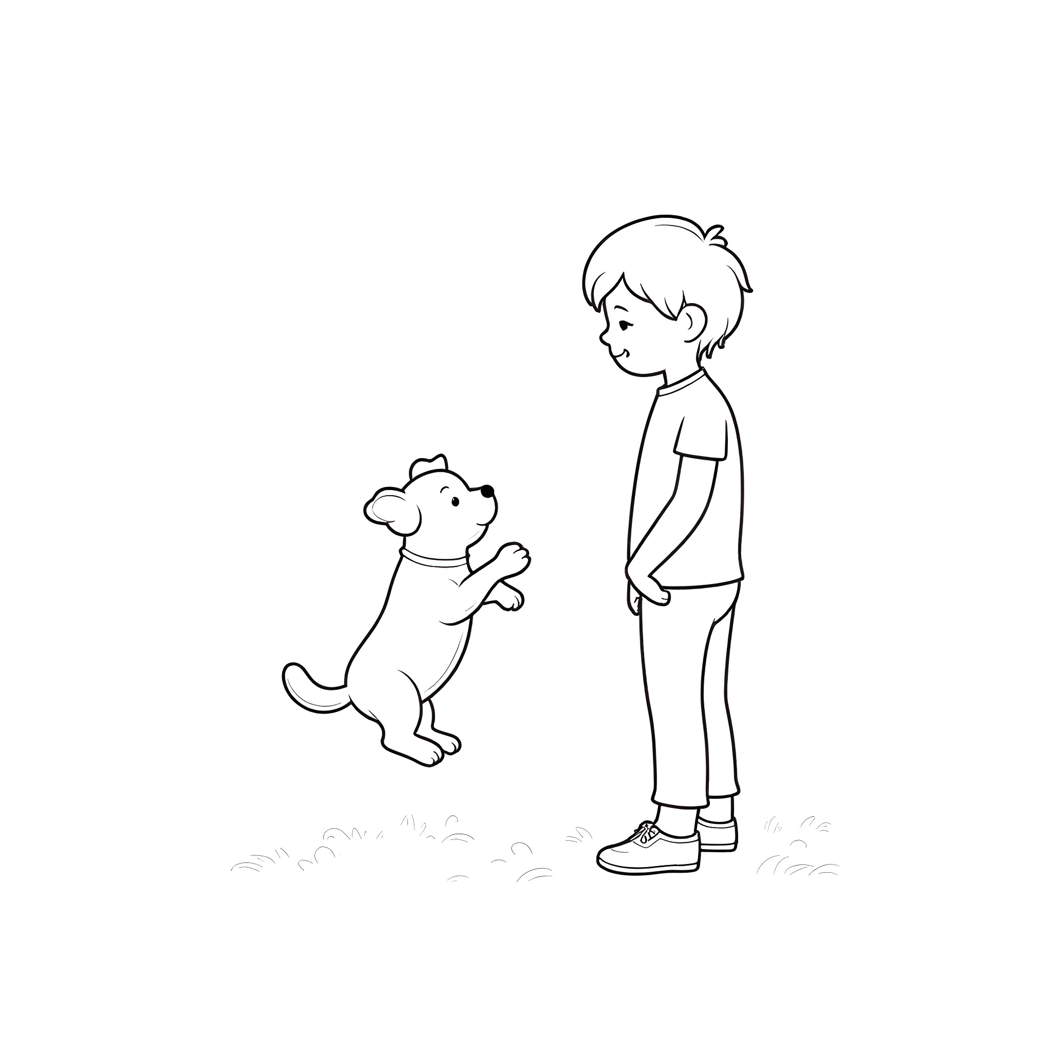 Dog and boy playing together Coloring Page (free black-and-white line drawing printable PDF for all, from beginners to advanced learners, including children, teens, adults, and seniors)