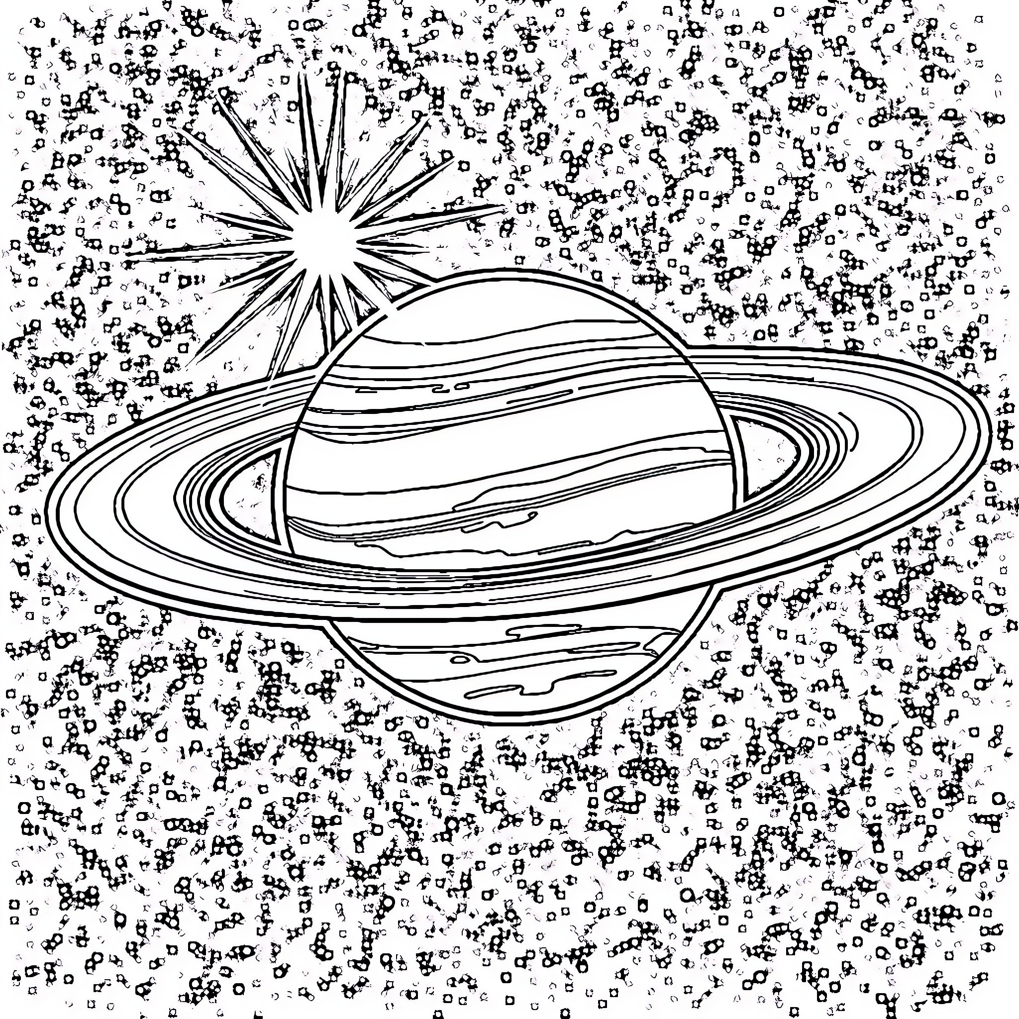 Saturn in the Cosmic Expanse Coloring Page (free black-and-white line drawing printable PDF for all, from beginners to advanced learners, including children, teens, adults, and seniors)
