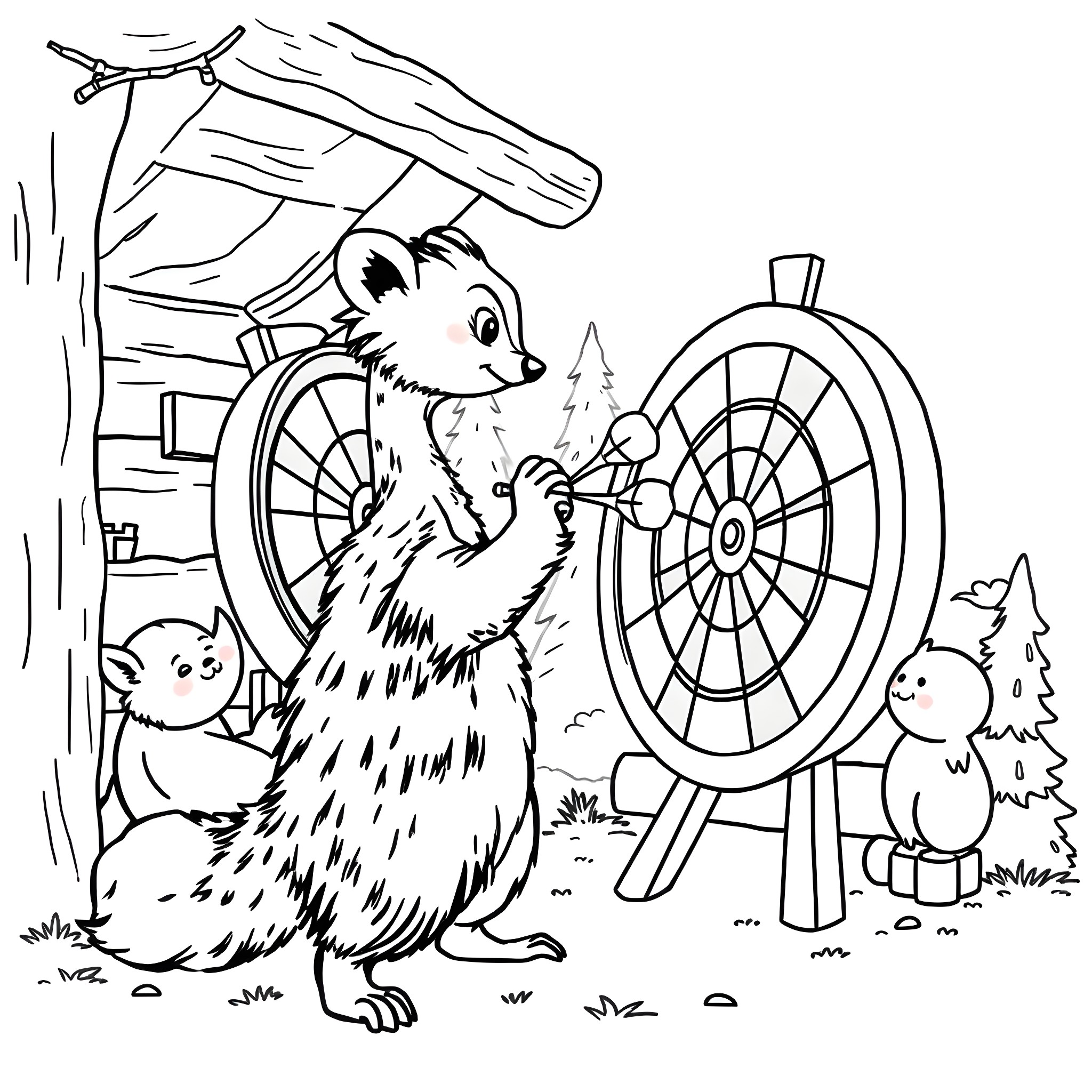 Skunk having fun with darts in the woods Coloring Page (free black-and-white line drawing printable PDF for all, from beginners to advanced learners, including children, teens, adults, and seniors)