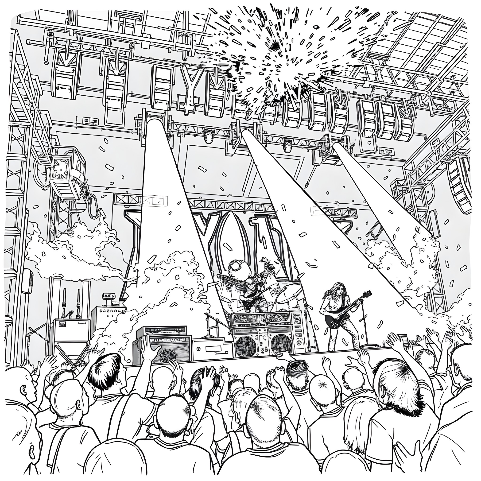 Band performing on stage before cheering crowd Coloring Page (free black-and-white line drawing printable PDF for all, from beginners to advanced learners, including children, teens, adults, and seniors)