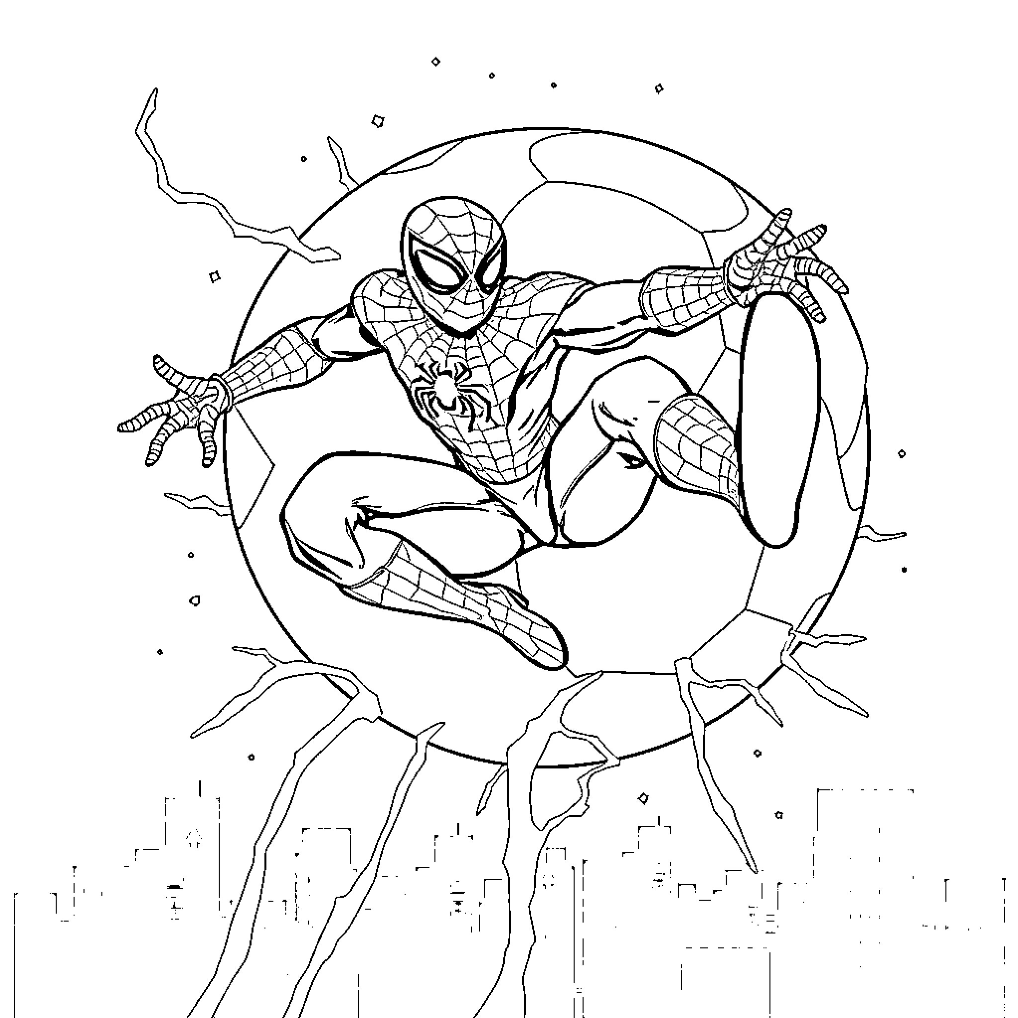 Spiderman swinging through a city skyline Coloring Page (free black-and-white line drawing printable PDF for all, from beginners to advanced learners, including children, teens, adults, and seniors)