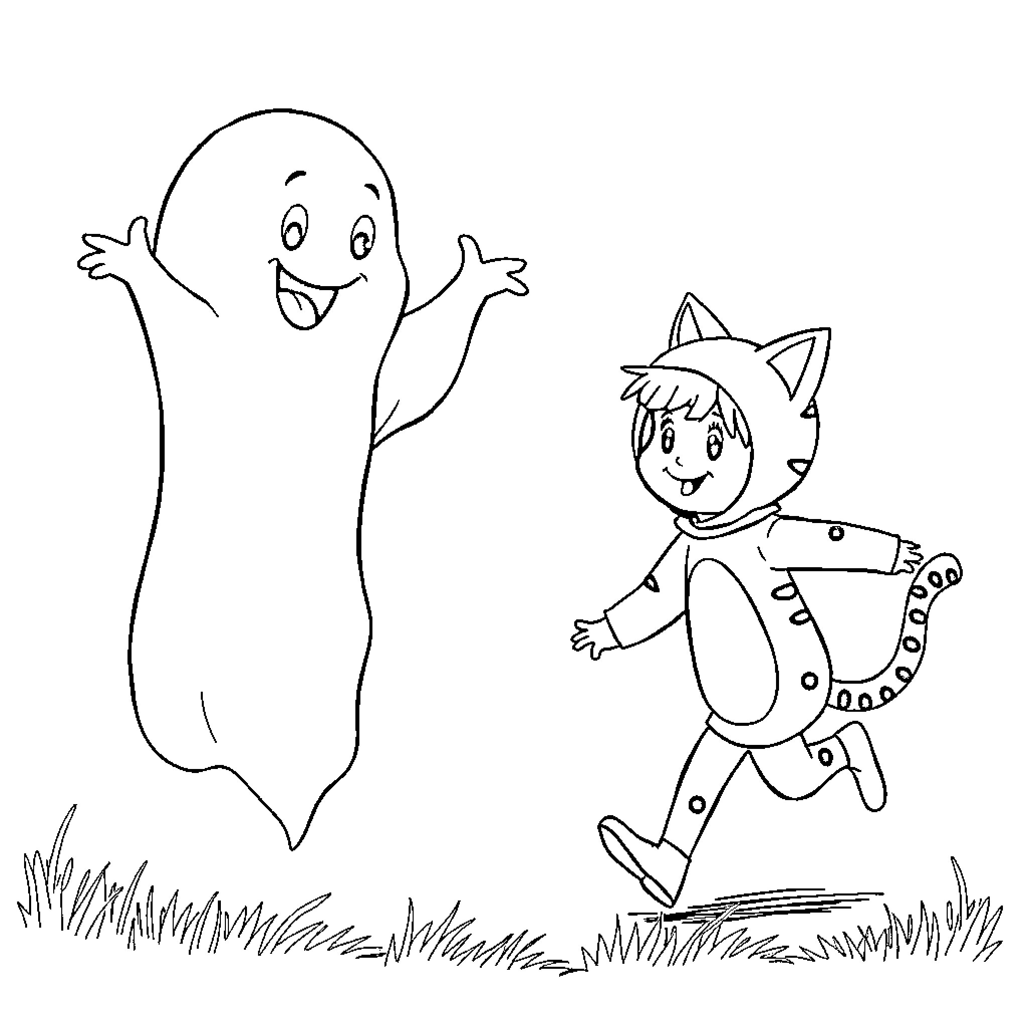 Ghost and cat character playing in the field Coloring Page (free black-and-white line drawing printable PDF for all, from beginners to advanced learners, including children, teens, adults, and seniors)
