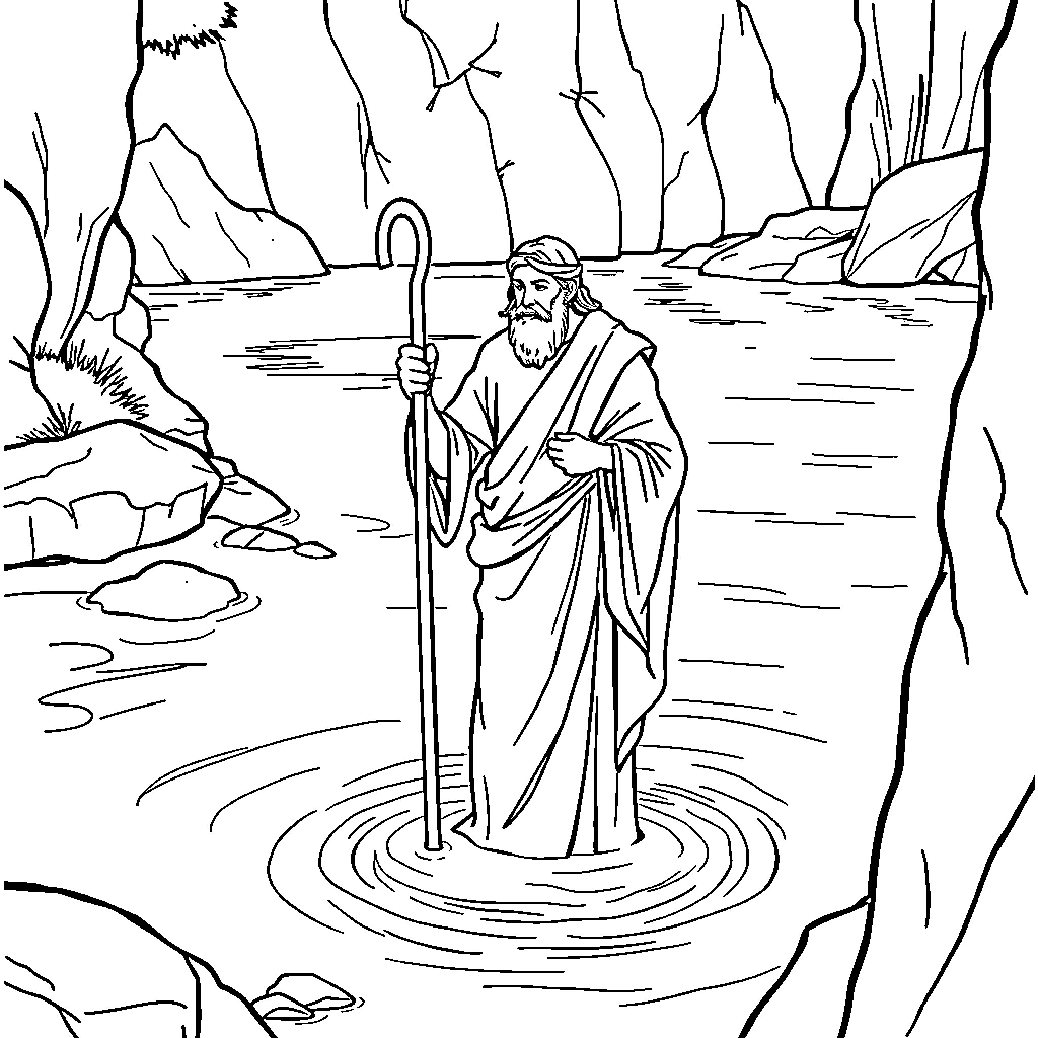 John the Baptist preaching by the river Coloring Page (free black-and-white line drawing printable PDF for all, from beginners to advanced learners, including children, teens, adults, and seniors)