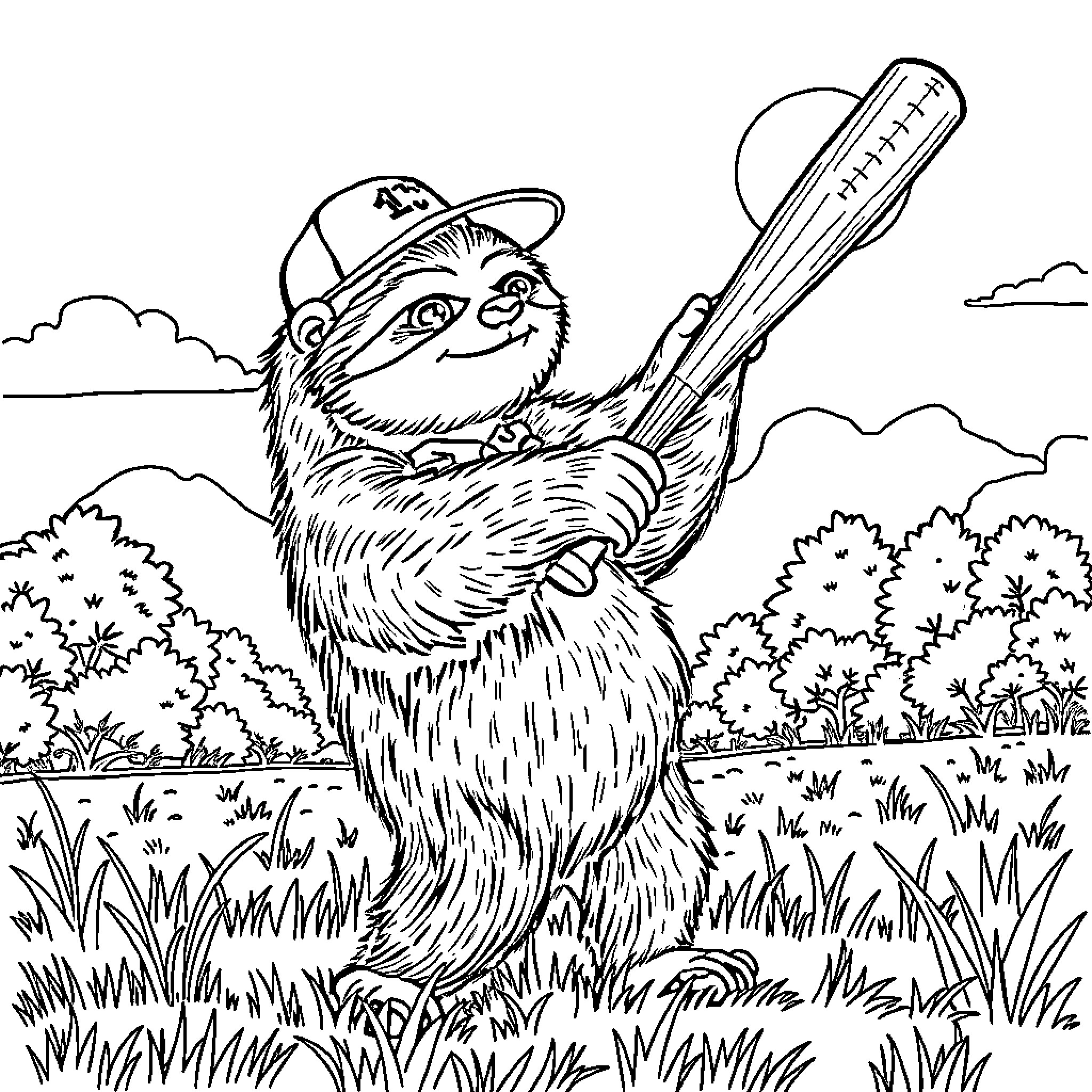 Sloth playing baseball in the countryside Coloring Page (free black-and-white line drawing printable PDF for all, from beginners to advanced learners, including children, teens, adults, and seniors)