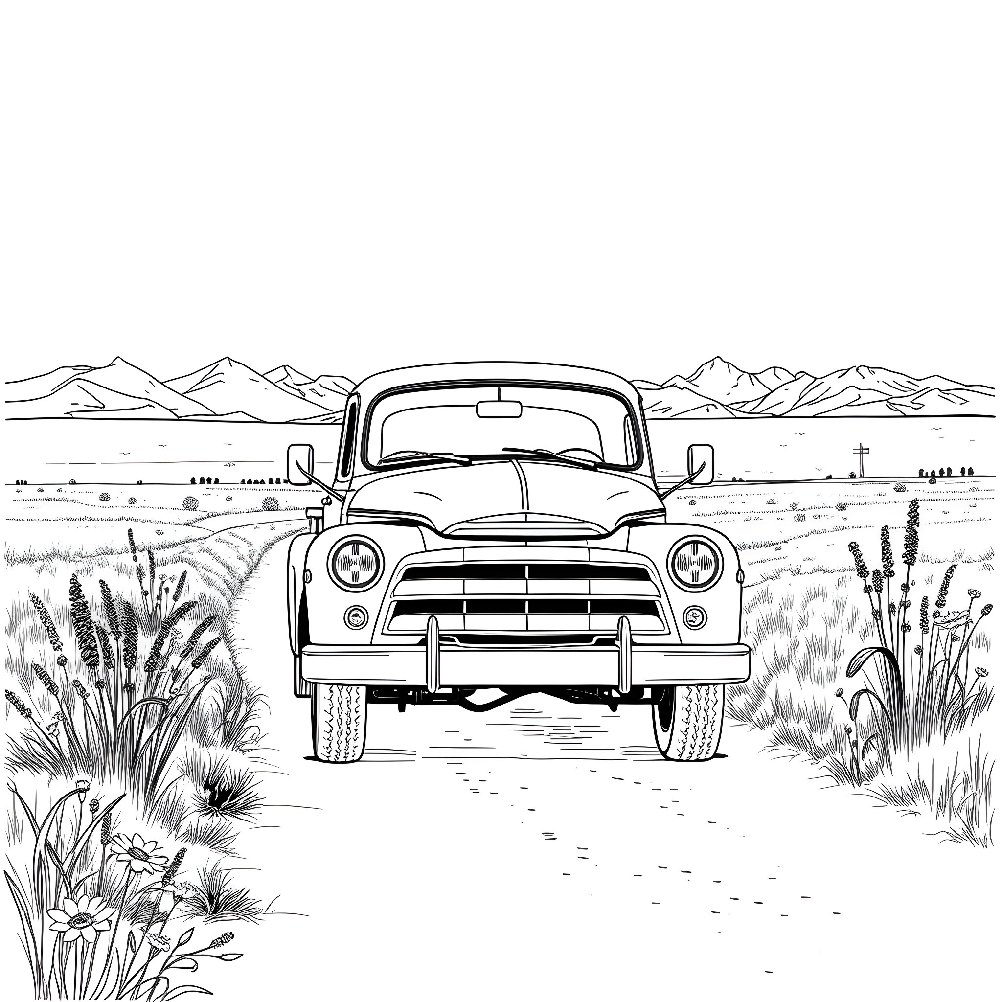 Truck parked in the countryside with mountains in the background Coloring Page (free black-and-white line drawing printable PDF for all, from beginners to advanced learners, including children, teens, adults, and seniors)