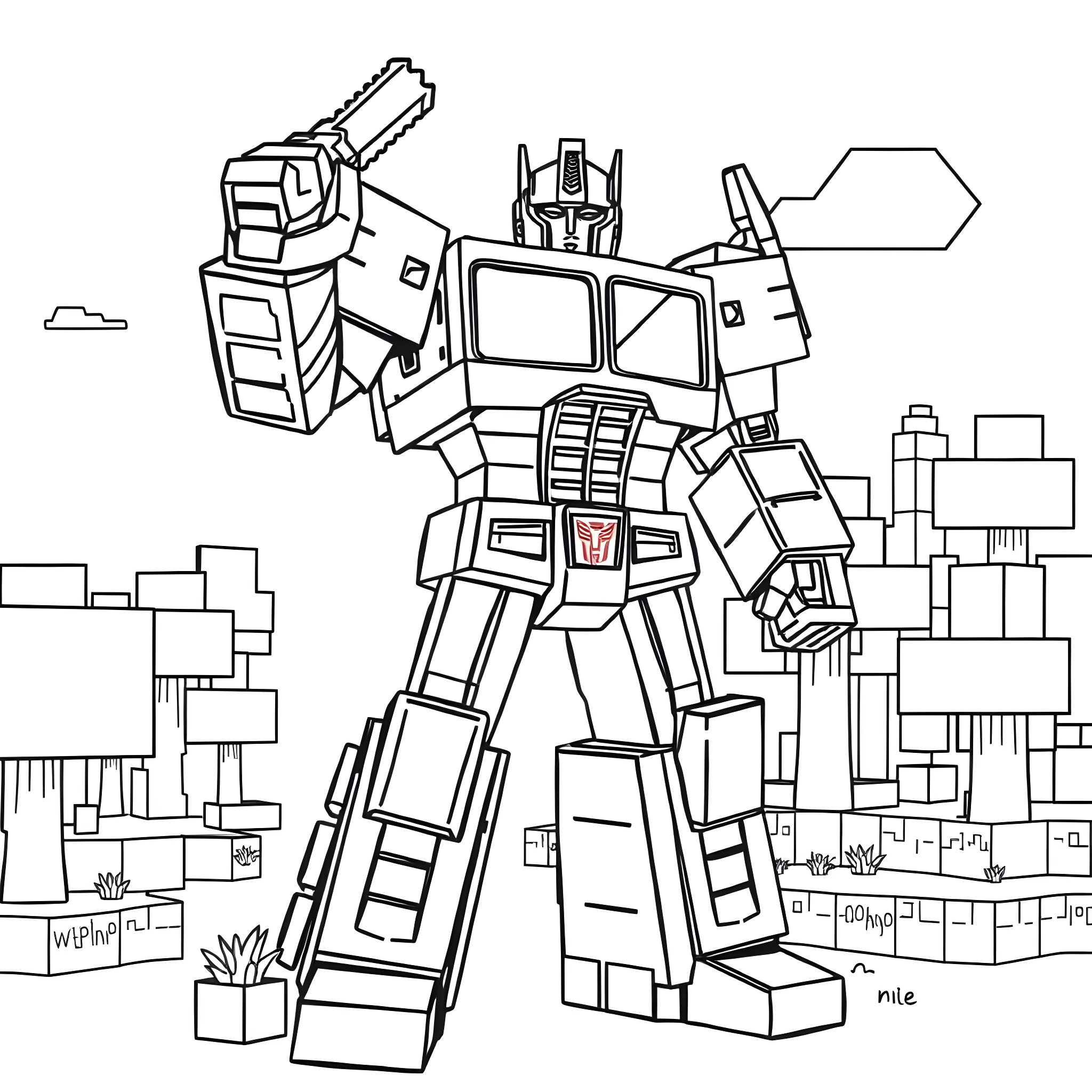 Optimus Prime in Transformers cityscape Coloring Page (free black-and-white line drawing printable PDF for all, from beginners to advanced learners, including children, teens, adults, and seniors)