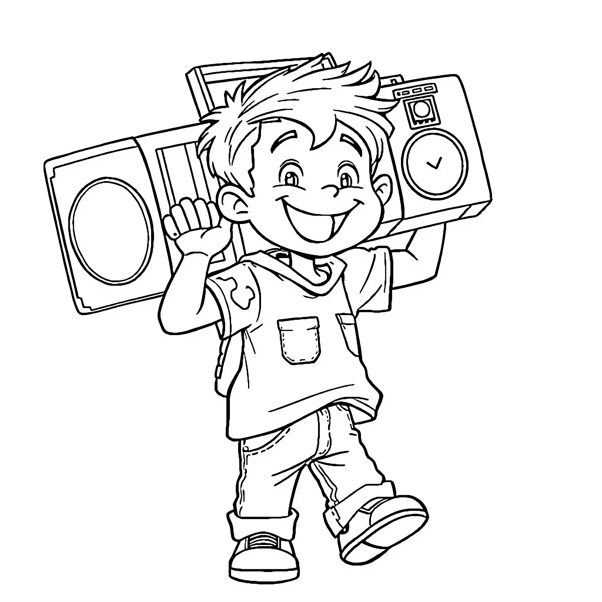 Kid Carrying a Boombox with Joy Coloring Page (free black-and-white line drawing printable PDF for all, from beginners to advanced learners, including children, teens, adults, and seniors)