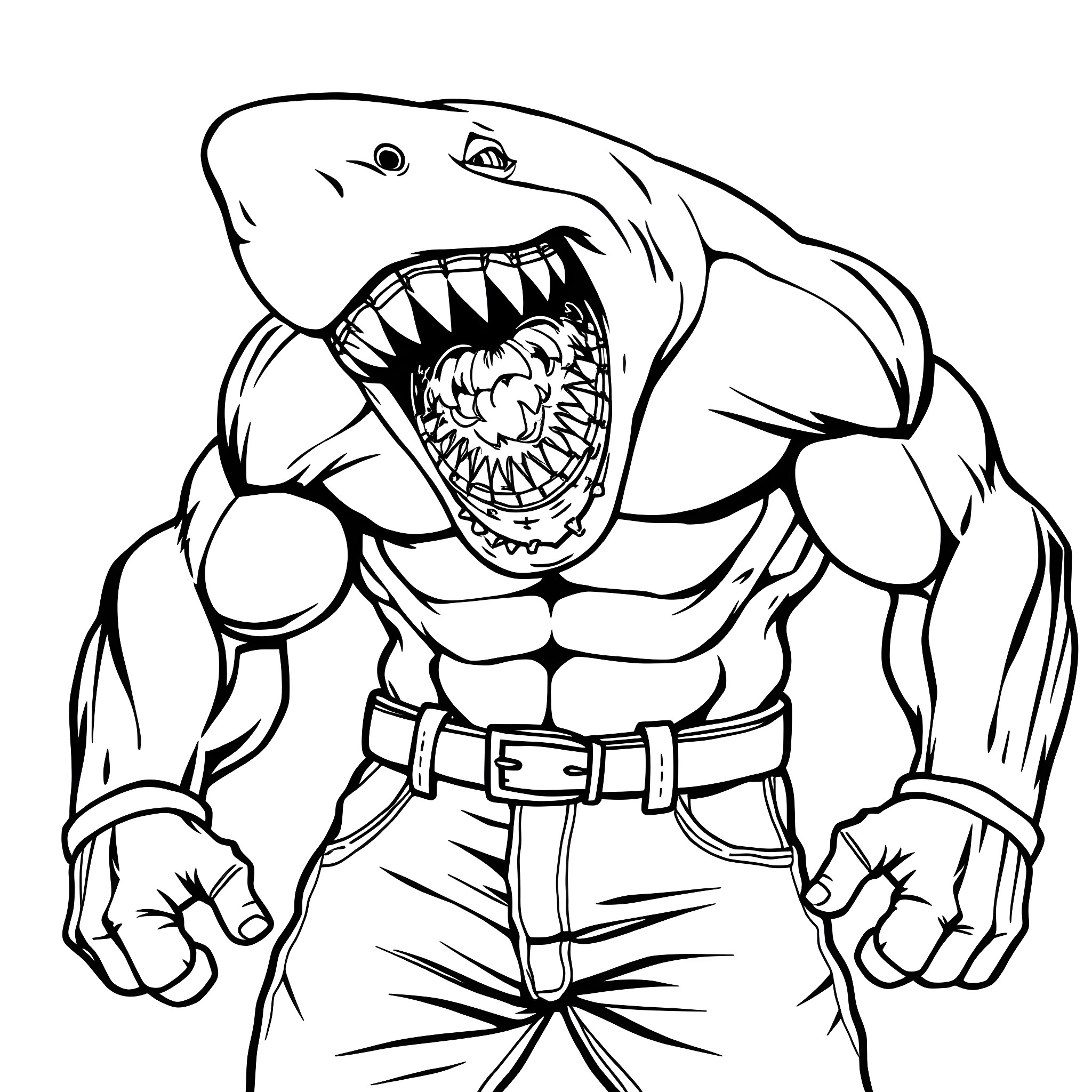 Shark-like monster with massive jaws and muscular body Coloring Page (free black-and-white line drawing printable PDF for all, from beginners to advanced learners, including children, teens, adults, and seniors)