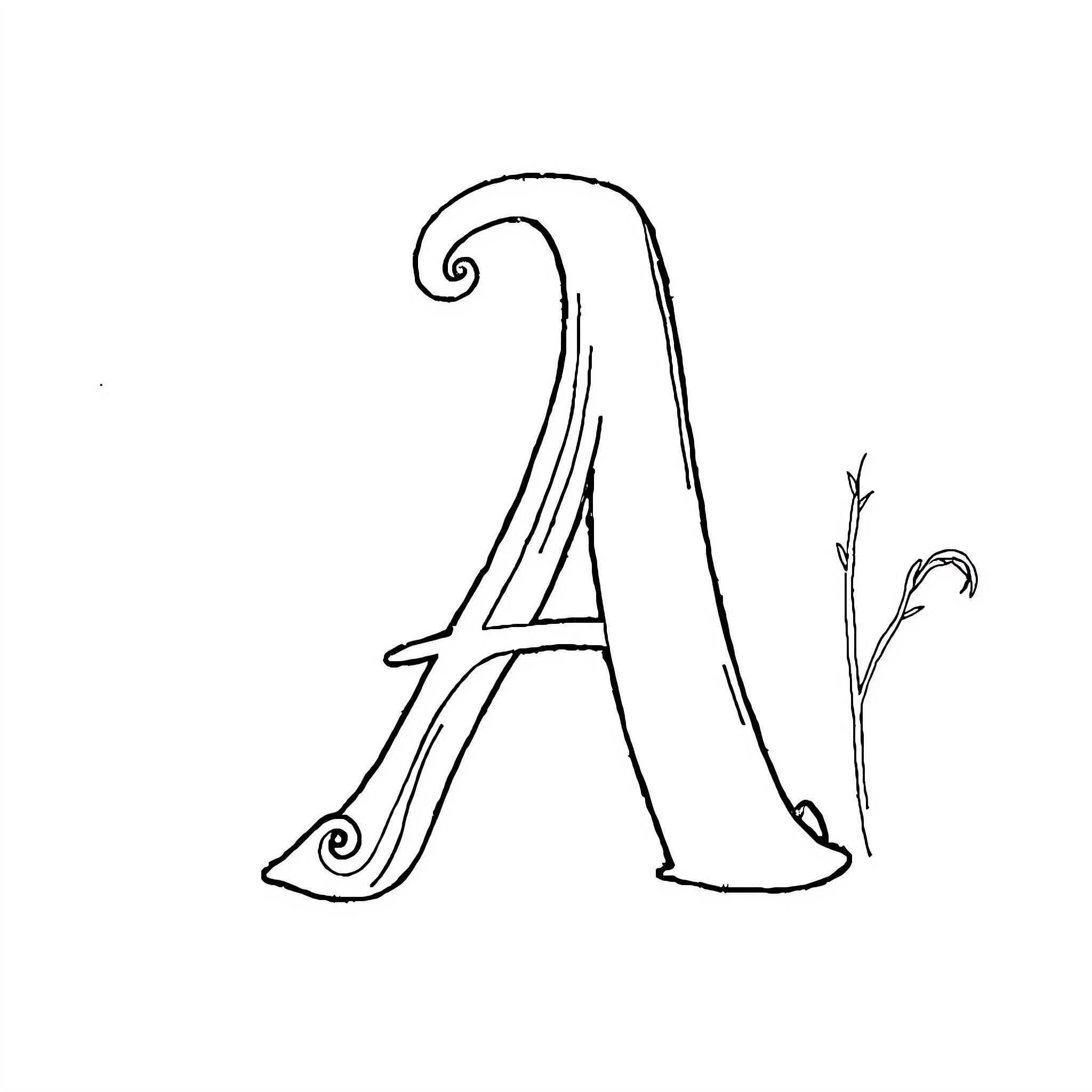 Letter A with decorative flourishes Coloring Page (free black-and-white line drawing printable PDF for all, from beginners to advanced learners, including children, teens, adults, and seniors)
