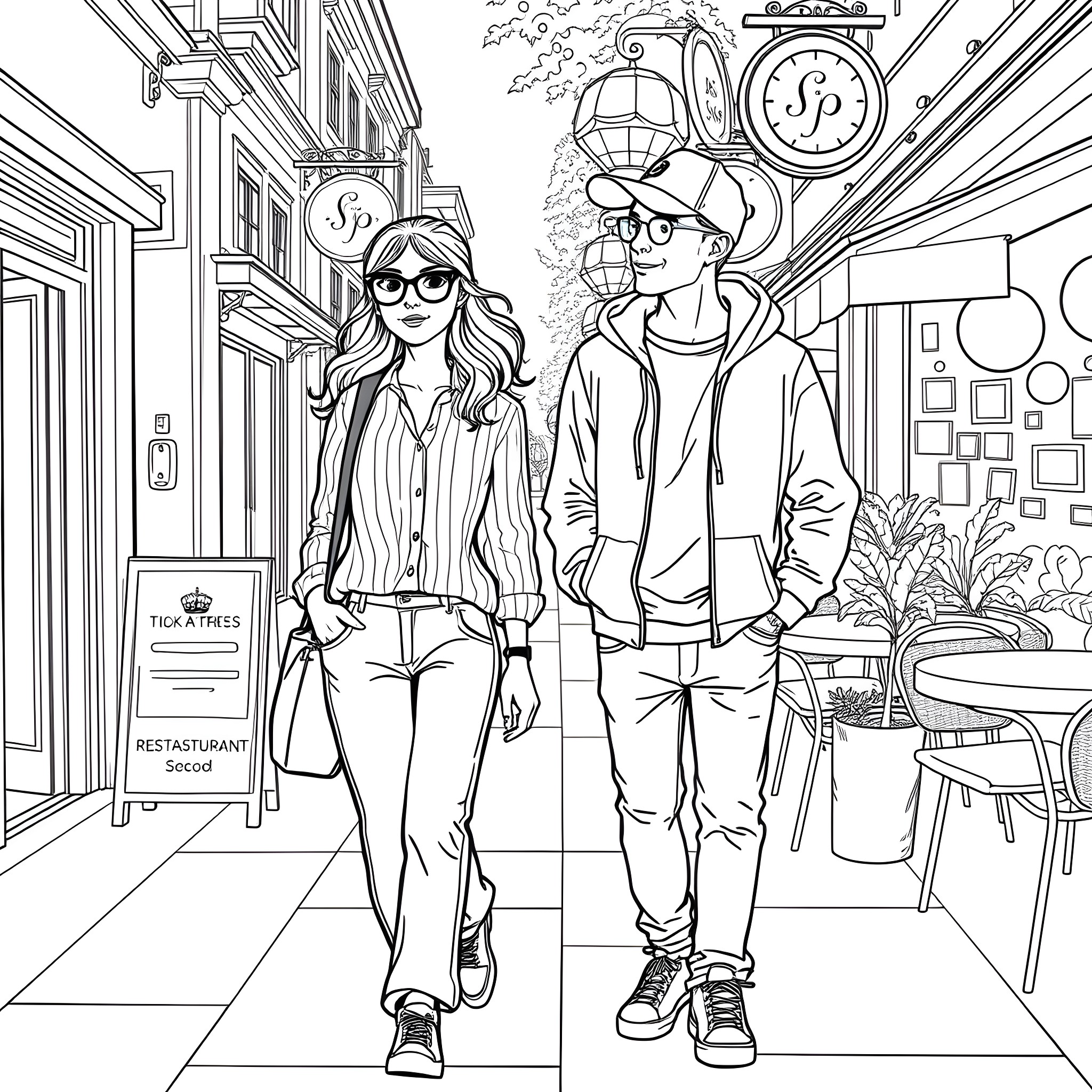 Teen couple exploring a city street Coloring Page (free black-and-white line drawing printable PDF for all, from beginners to advanced learners, including children, teens, adults, and seniors)