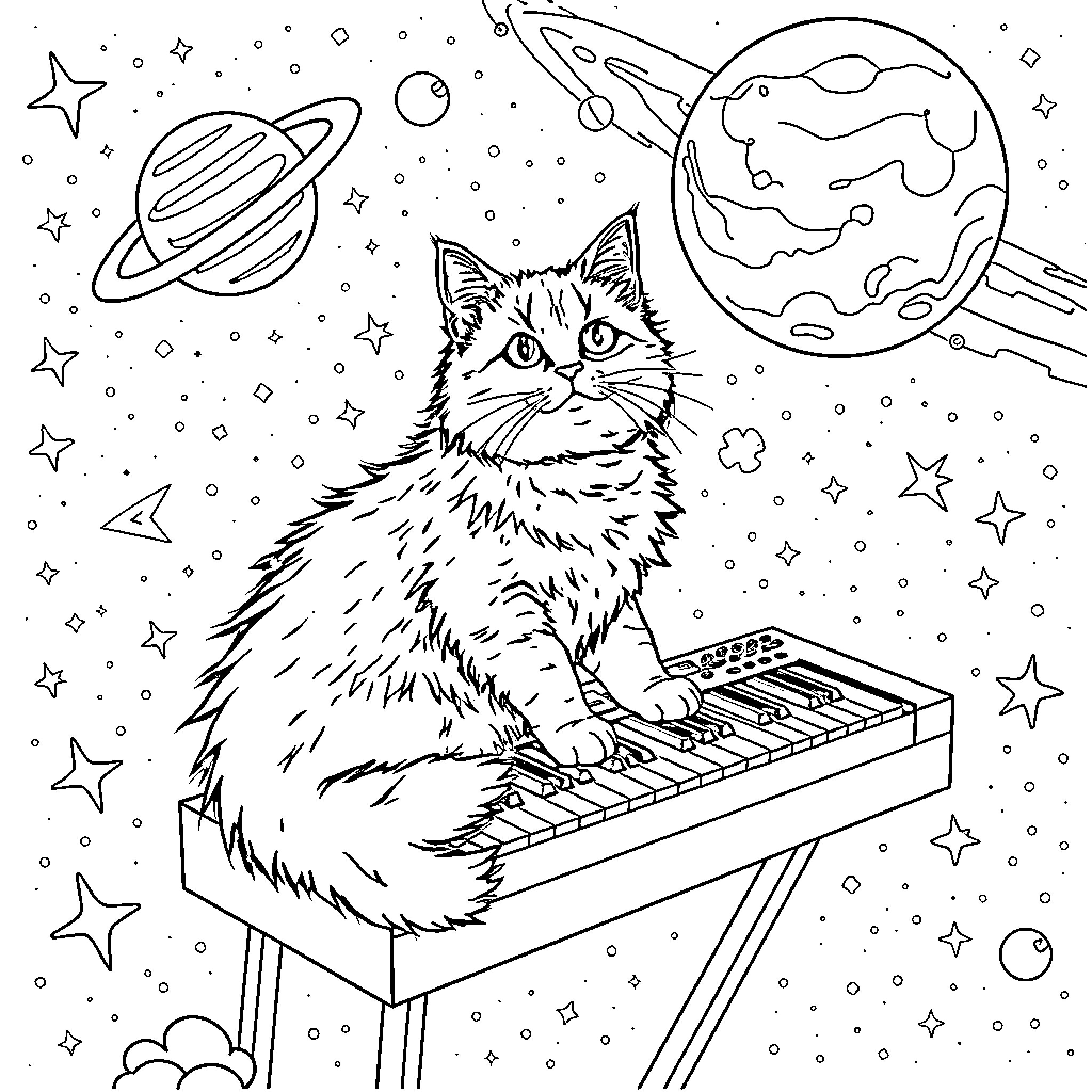 Cat playing music in the cosmos Coloring Page (free black-and-white line drawing printable PDF for all, from beginners to advanced learners, including children, teens, adults, and seniors)