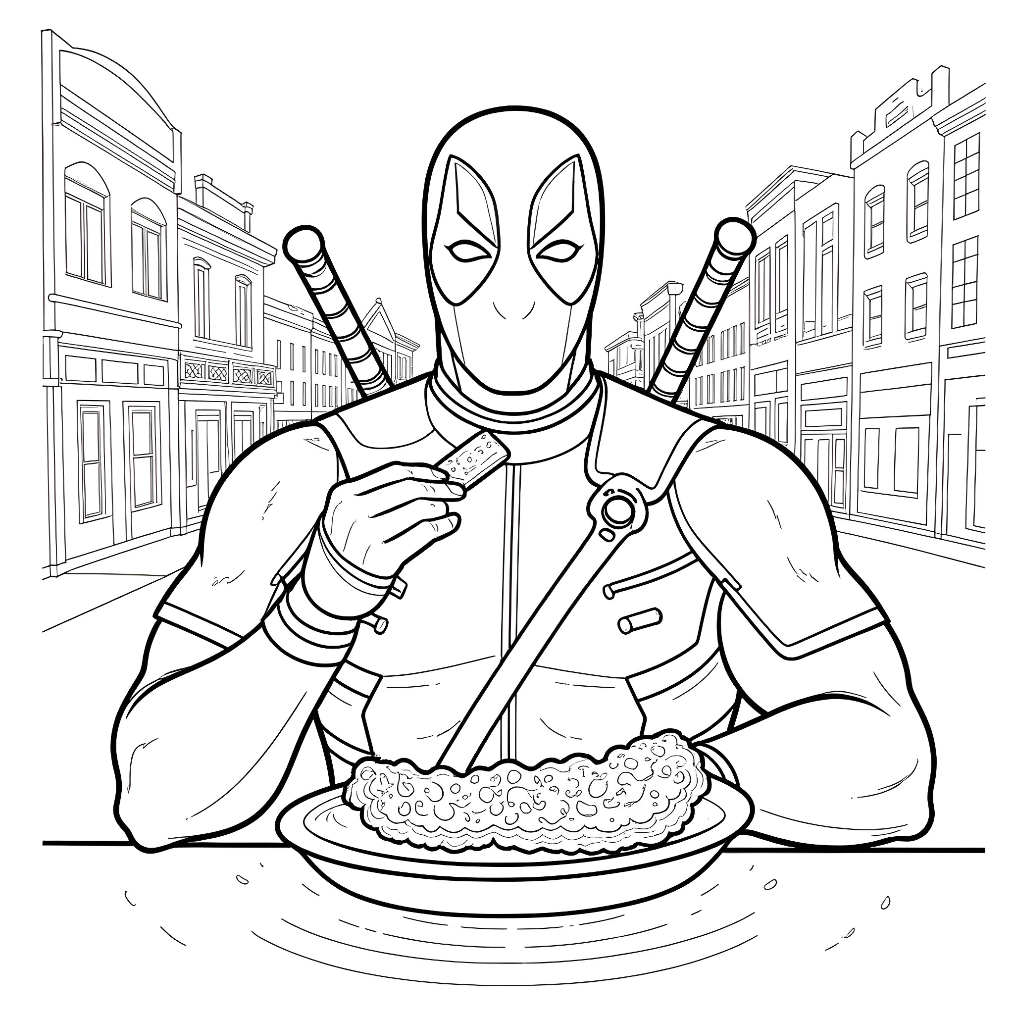Deadpool enjoying a delicious meal in the city Coloring Page (free black-and-white line drawing printable PDF for all, from beginners to advanced learners, including children, teens, adults, and seniors)