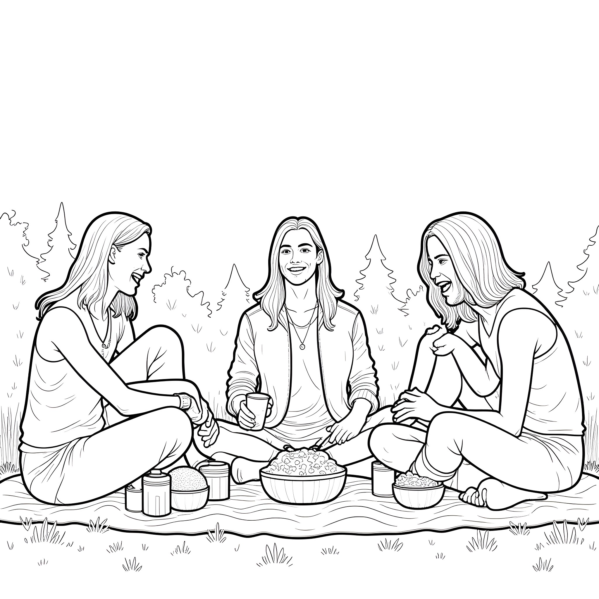 Metallica band members enjoying a picnic in nature Coloring Page (free black-and-white line drawing printable PDF for all, from beginners to advanced learners, including children, teens, adults, and seniors)