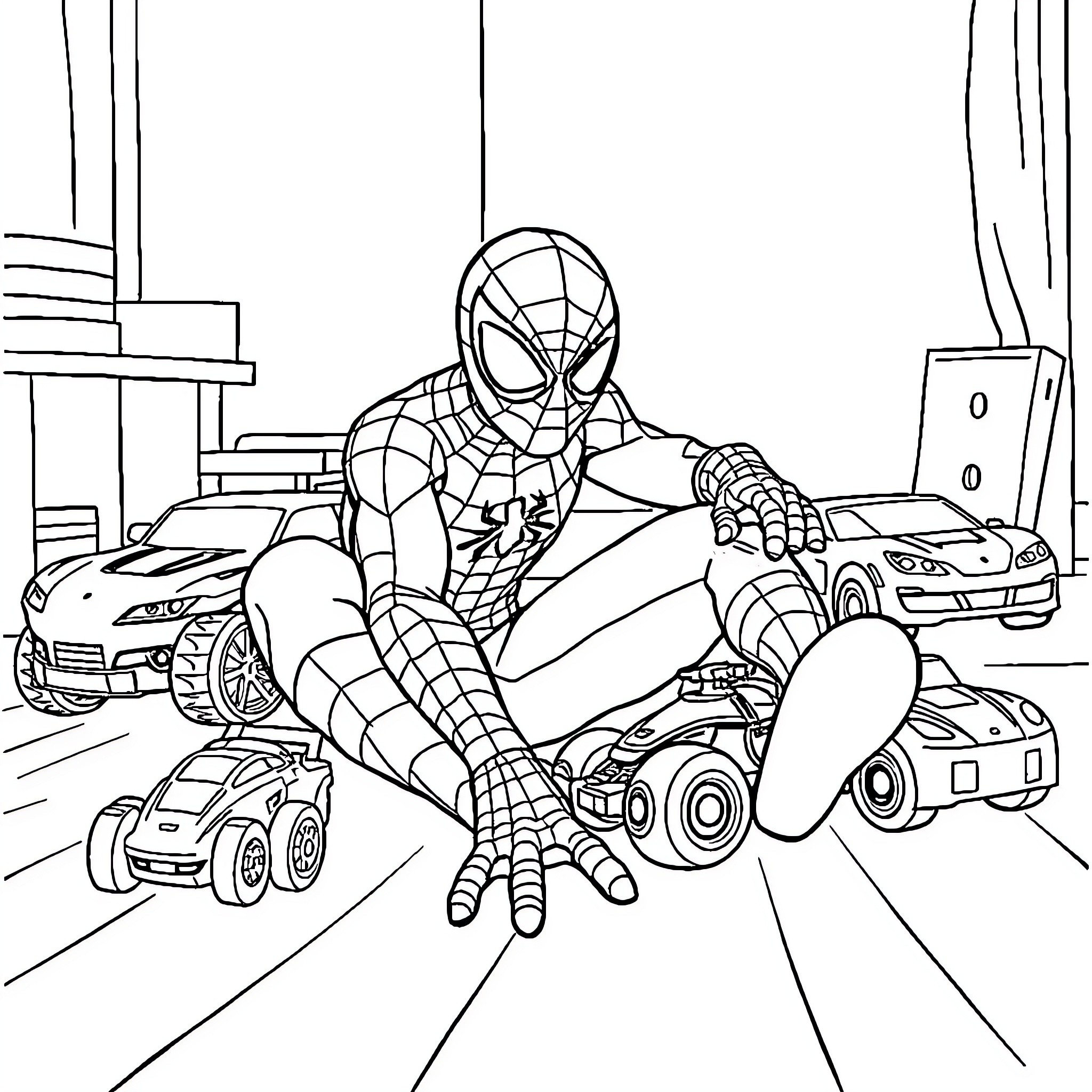 Spiderman taking action in a city scene Coloring Page (free black-and-white line drawing printable PDF for all, from beginners to advanced learners, including children, teens, adults, and seniors)