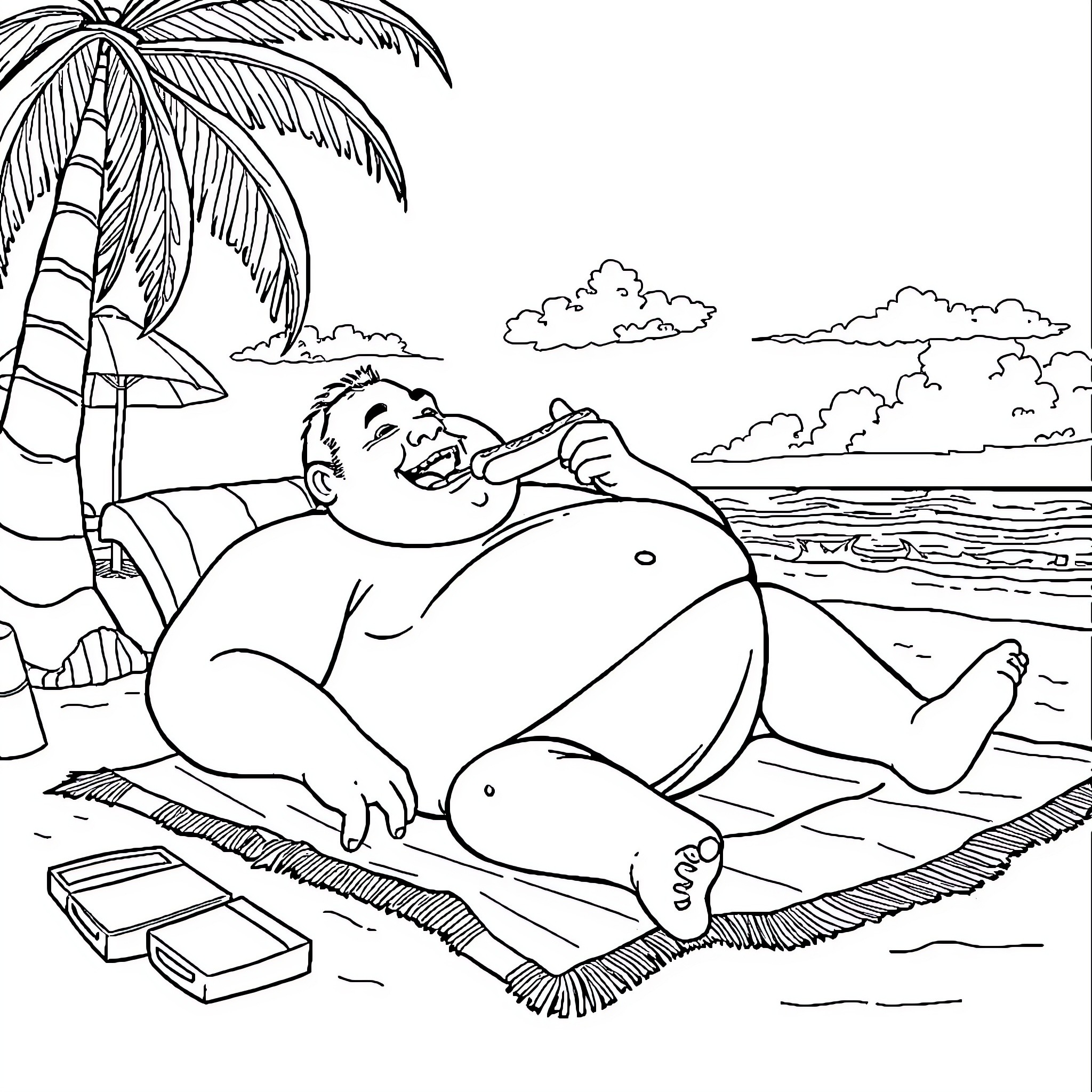 Guy relaxing contentedly on the beach Coloring Page (free black-and-white line drawing printable PDF for all, from beginners to advanced learners, including children, teens, adults, and seniors)