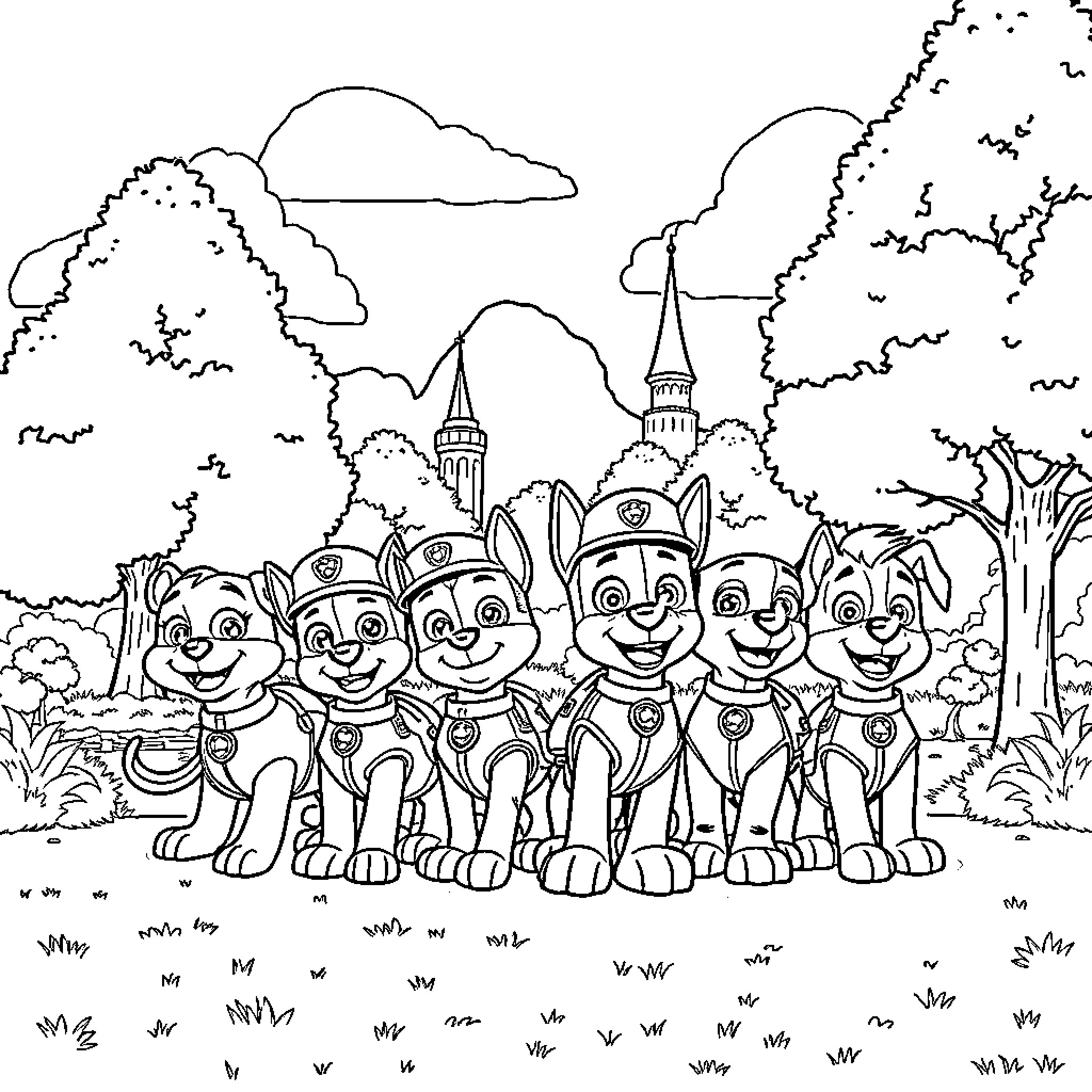 Paw Patrol puppies on outdoor adventure Coloring Page (free black-and-white line drawing printable PDF for all, from beginners to advanced learners, including children, teens, adults, and seniors)