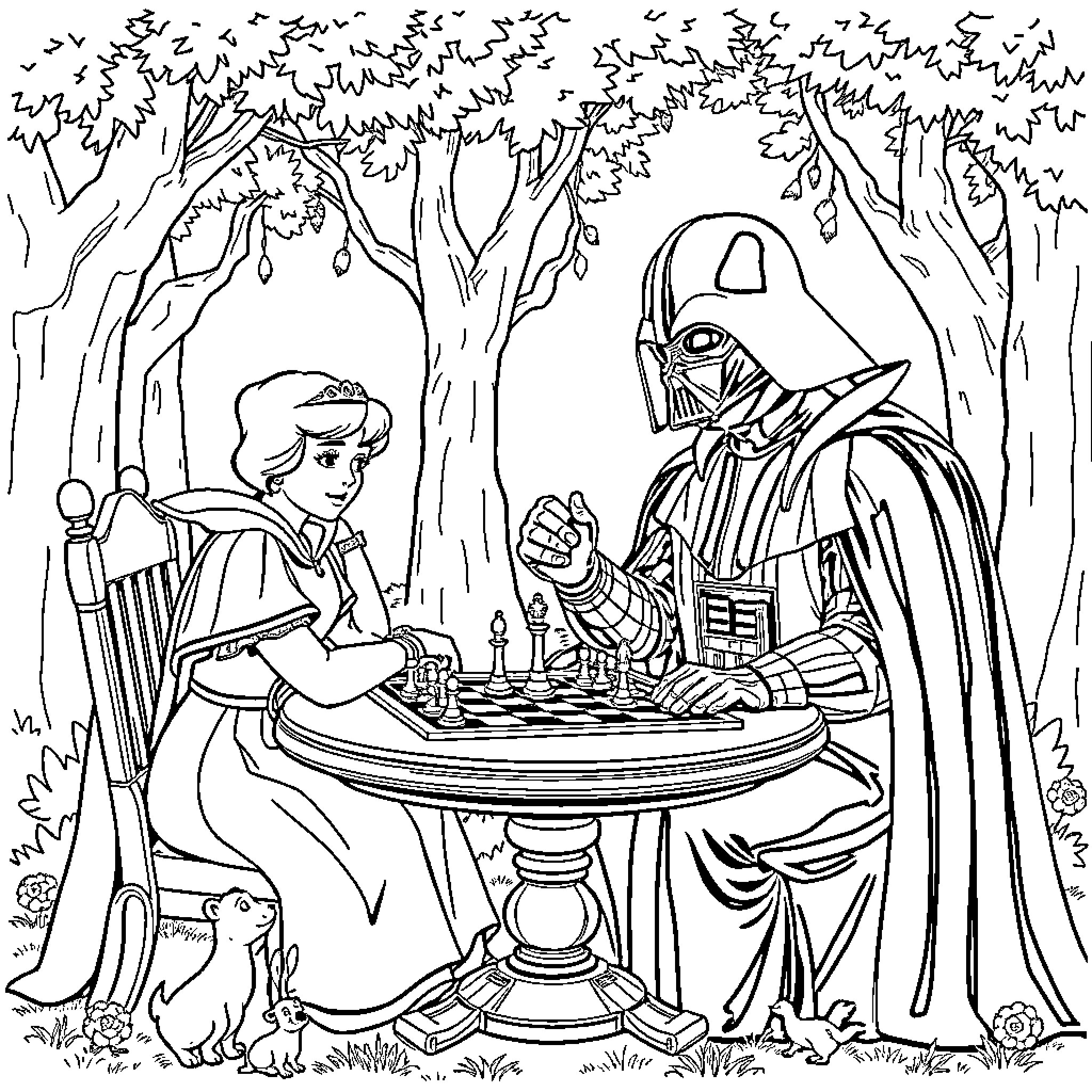 Darth Vader playing chess with a young princess Coloring Page (free black-and-white line drawing printable PDF for all, from beginners to advanced learners, including children, teens, adults, and seniors)