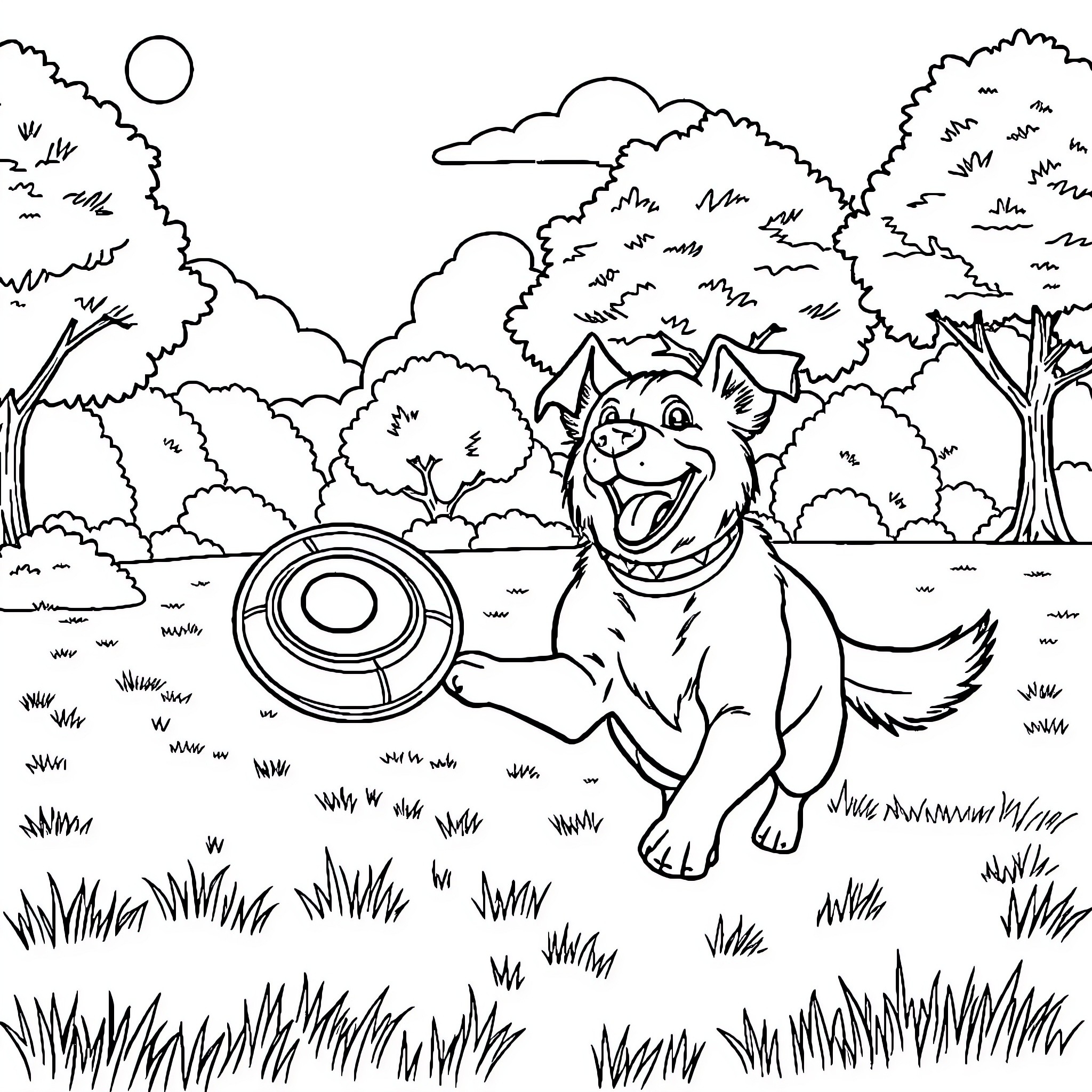 Dog playing with frisbee in the park Coloring Page (free black-and-white line drawing printable PDF for all, from beginners to advanced learners, including children, teens, adults, and seniors)