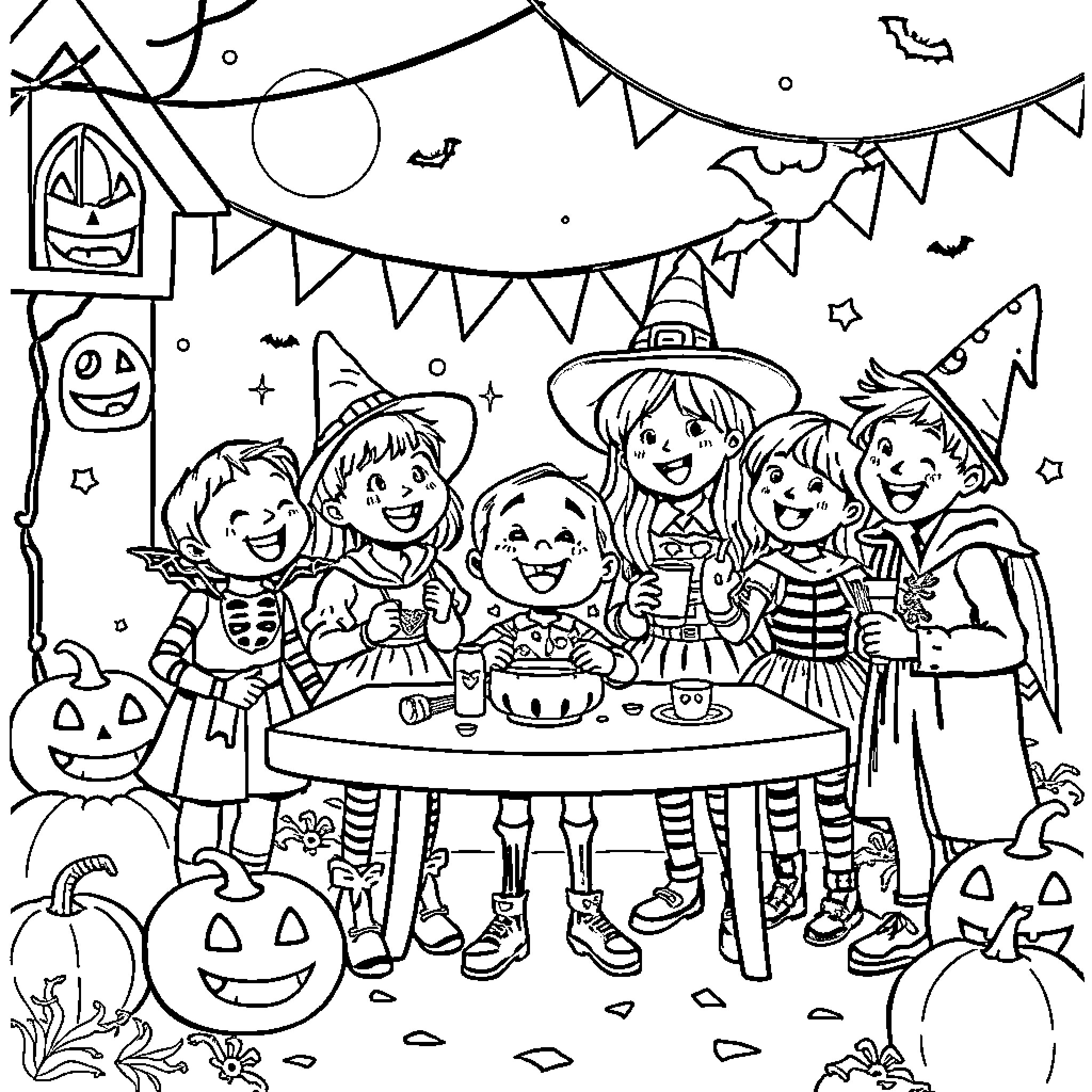 Halloween Party with Costumed Children Celebrating Coloring Page (free black-and-white line drawing printable PDF for all, from beginners to advanced learners, including children, teens, adults, and seniors)
