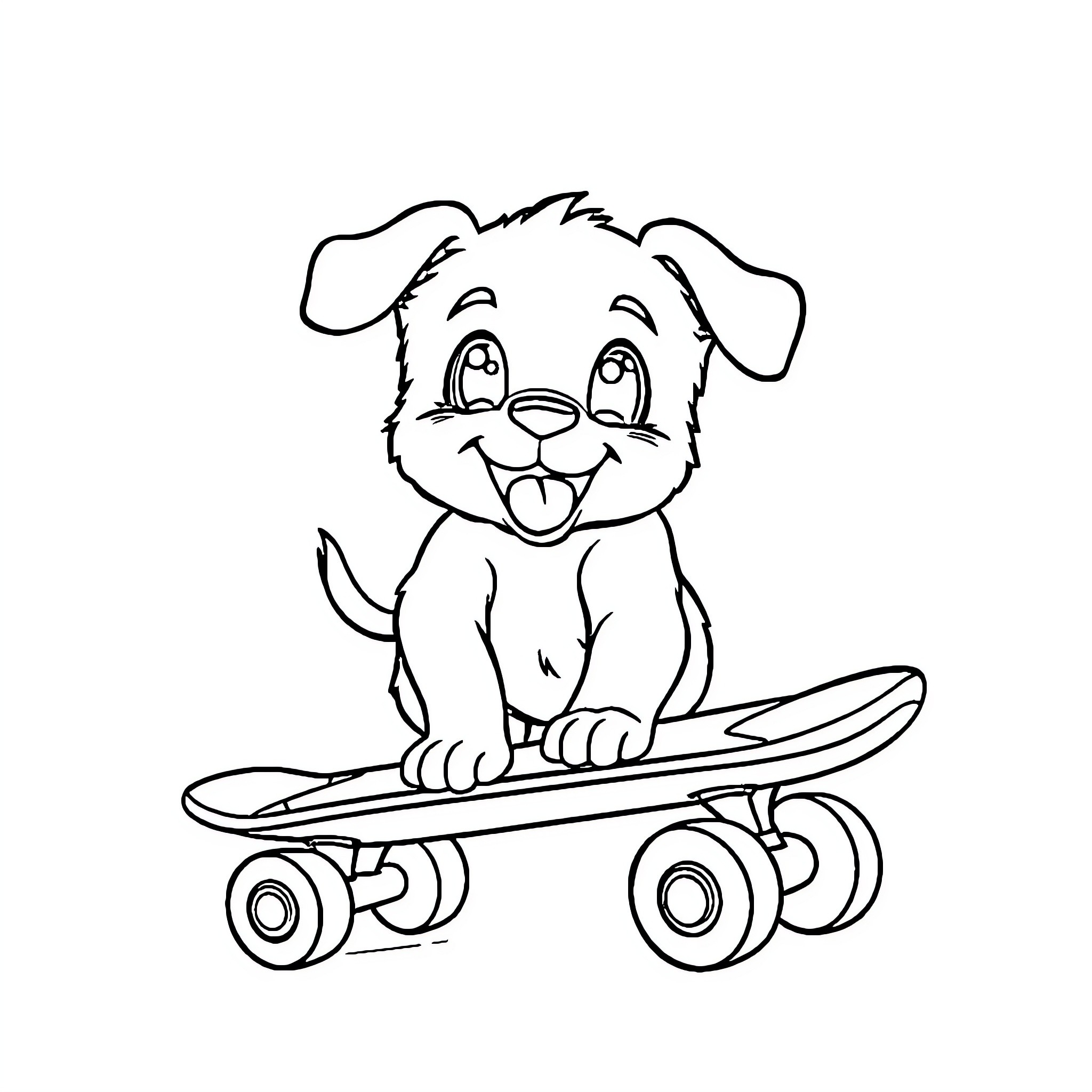 Puppy riding a skateboard happily Coloring Page (free black-and-white line drawing printable PDF for all, from beginners to advanced learners, including children, teens, adults, and seniors)