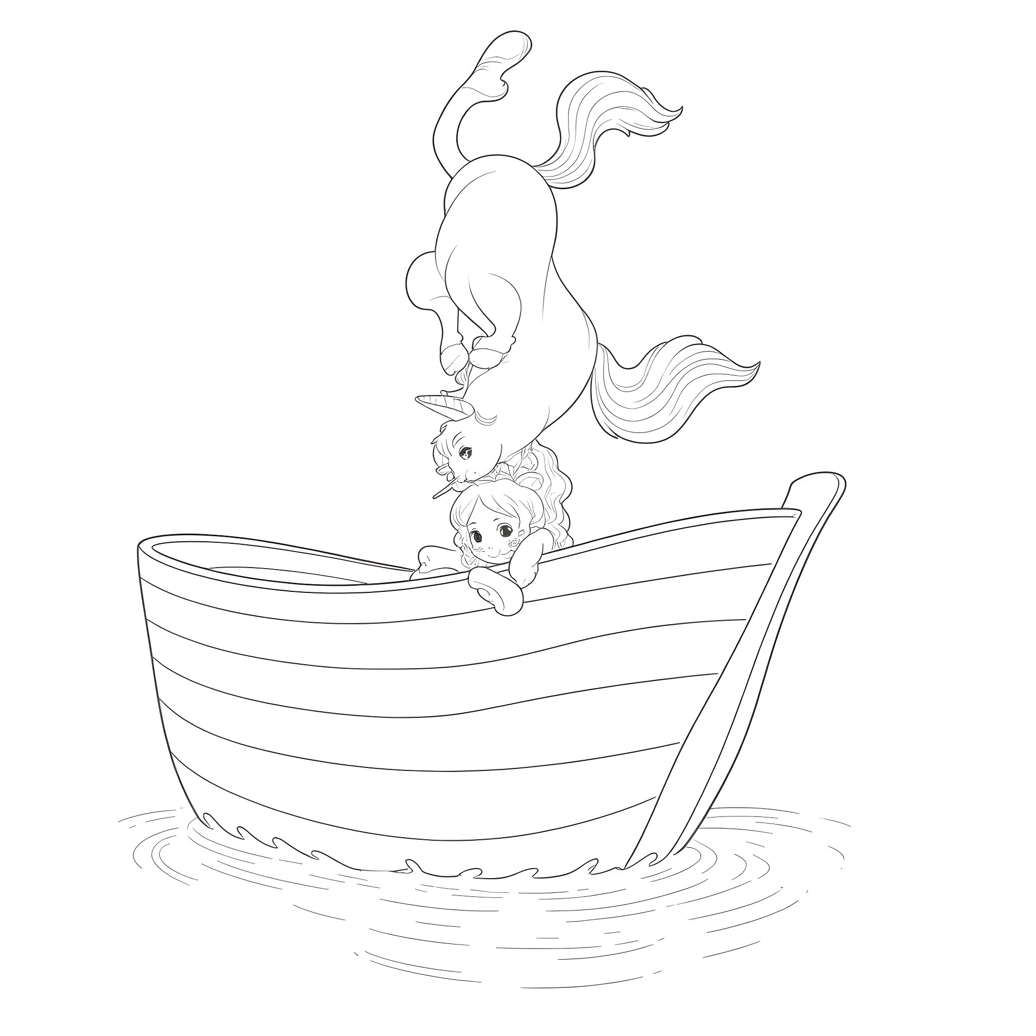 Moana riding a boat with a fish companion Coloring Page (free black-and-white line drawing printable PDF for all, from beginners to advanced learners, including children, teens, adults, and seniors)