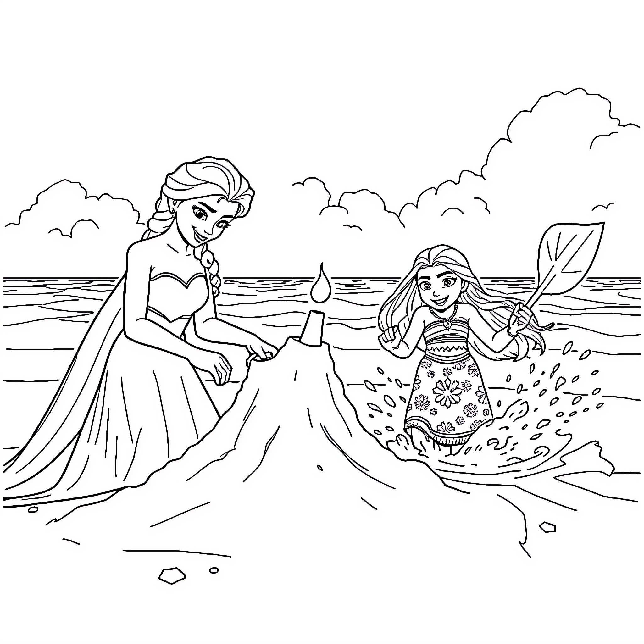 Elsa and Moana Building Sandcastles on the Beach Coloring Page (free black-and-white line drawing printable PDF for all, from beginners to advanced learners, including children, teens, adults, and seniors)