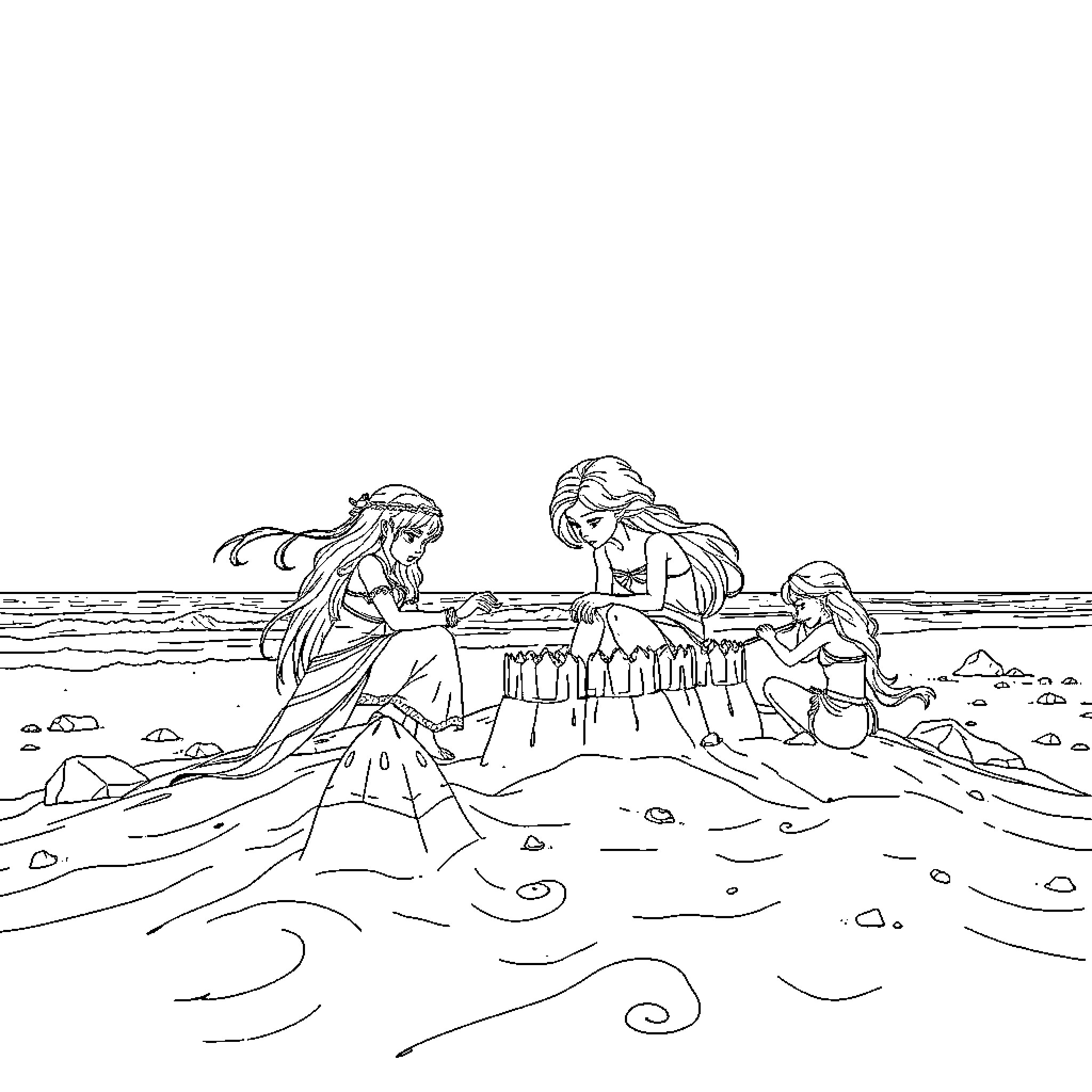 Hada girls building sandcastle on the beach Coloring Page (free black-and-white line drawing printable PDF for all, from beginners to advanced learners, including children, teens, adults, and seniors)