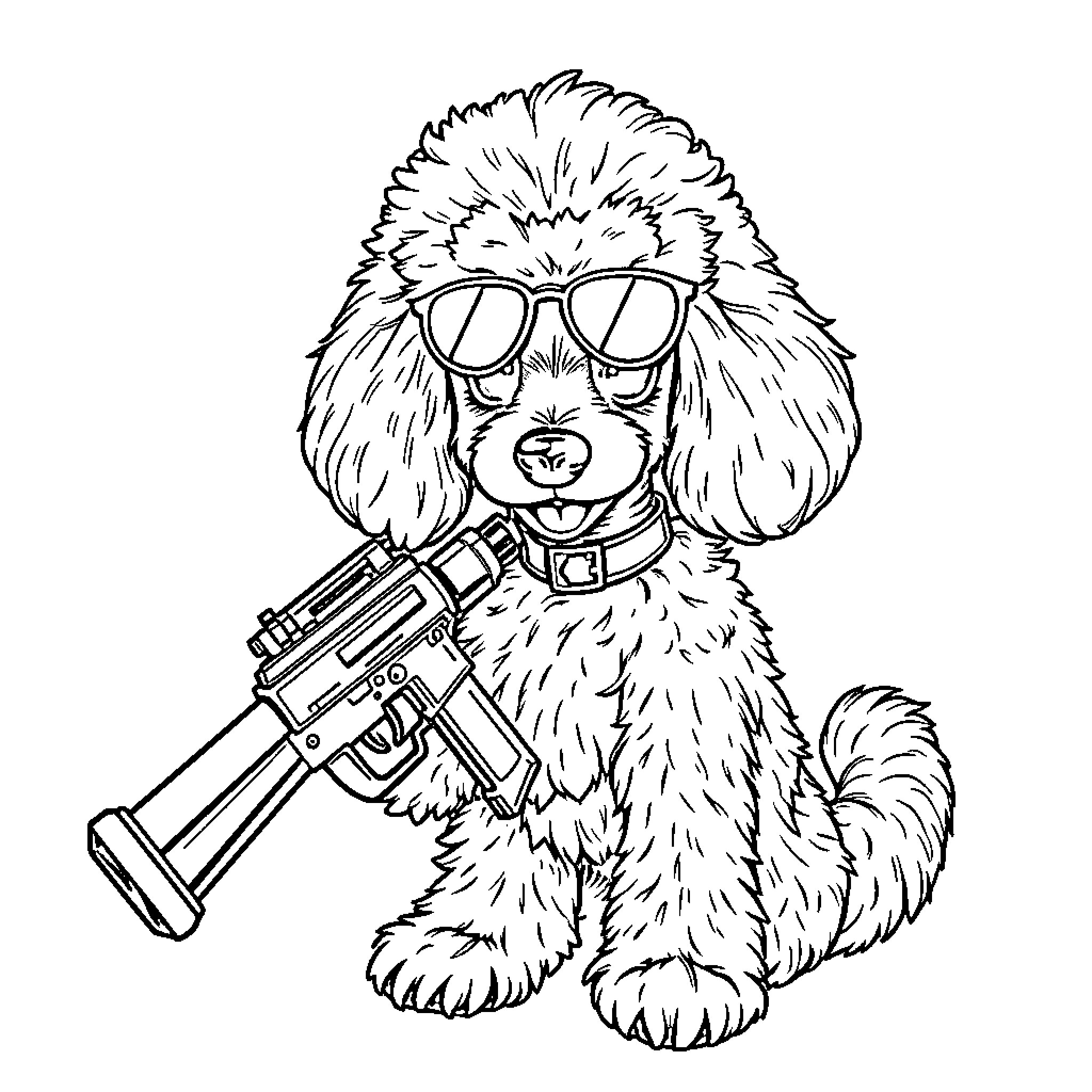 Poodle wearing sunglasses and holding a trumpet Coloring Page (free black-and-white line drawing printable PDF for all, from beginners to advanced learners, including children, teens, adults, and seniors)