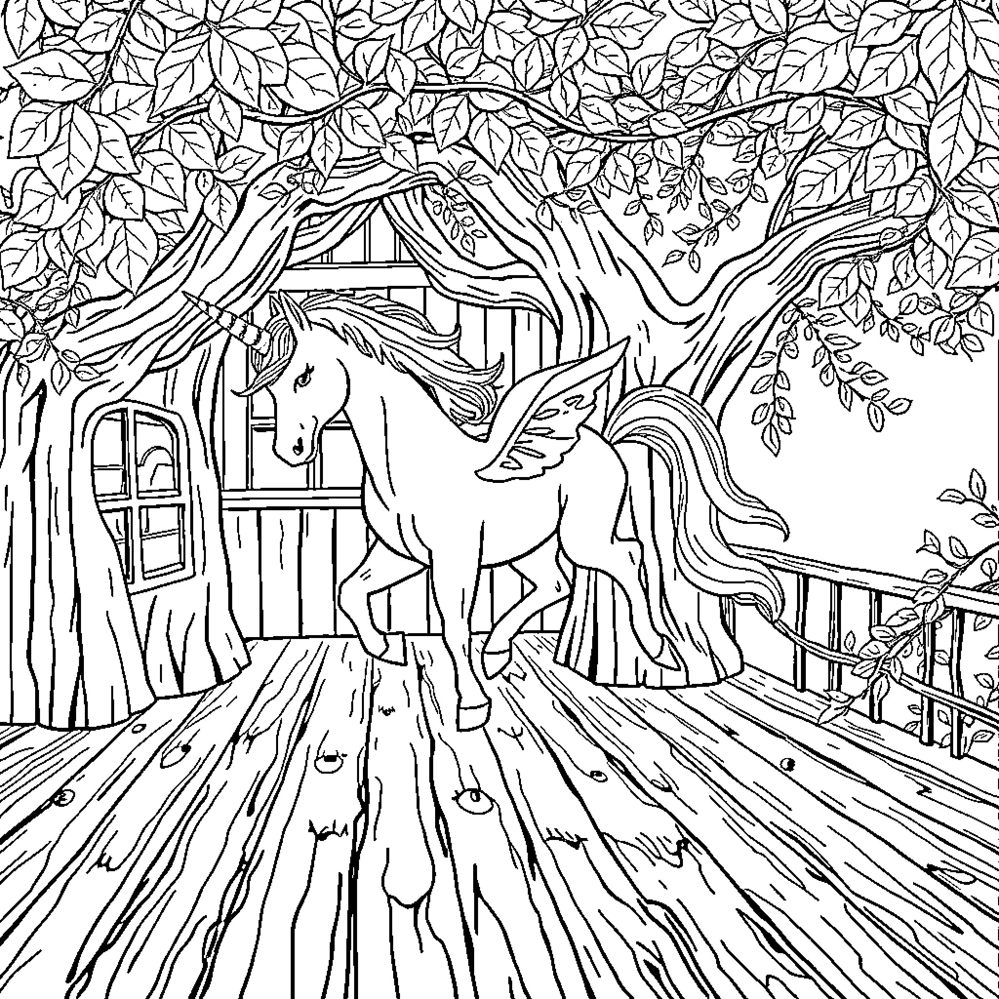 Unicorn in a Whimsical Forest Landscape Coloring Page (free black-and-white line drawing printable PDF for all, from beginners to advanced learners, including children, teens, adults, and seniors)