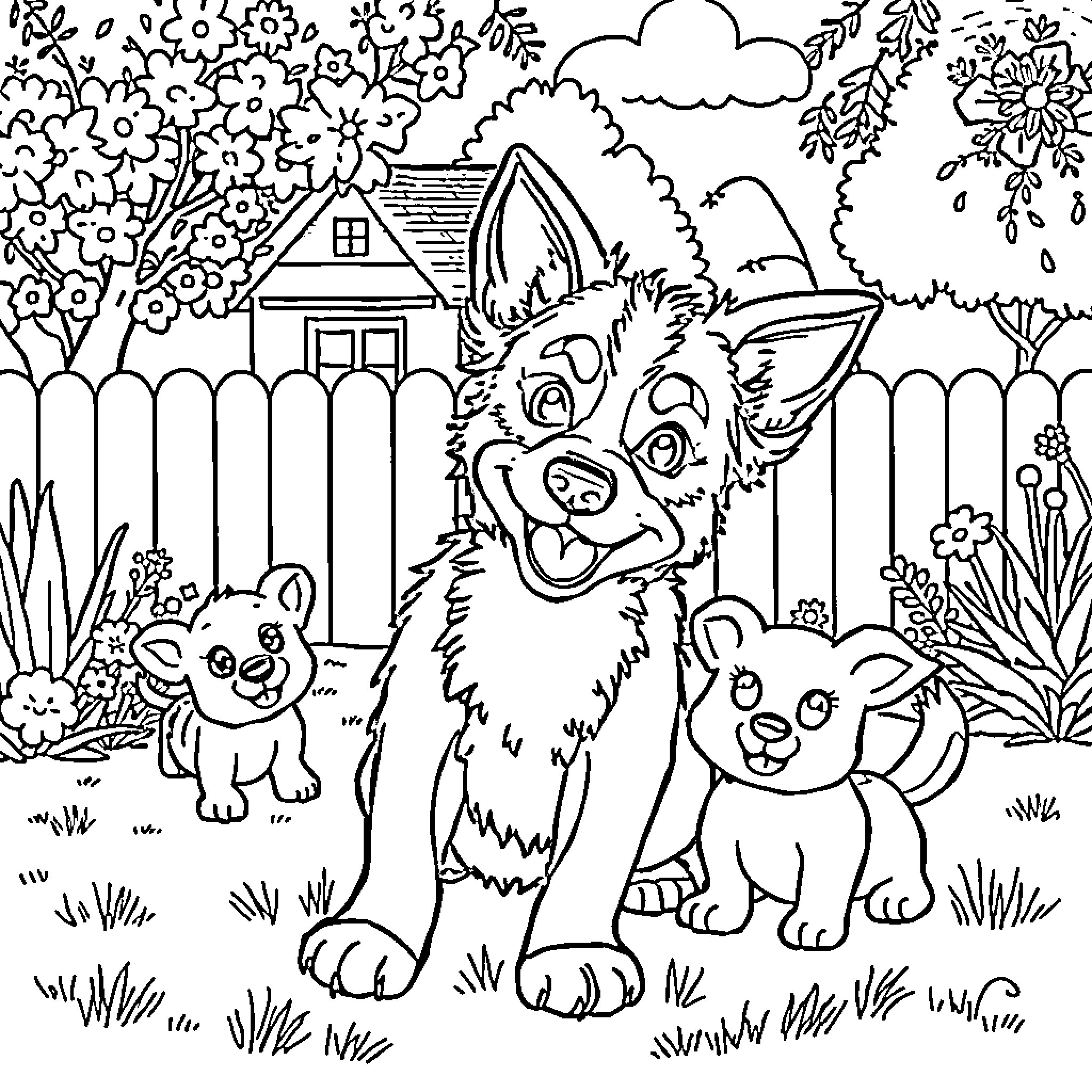 Bluey and family enjoying a day outdoors Coloring Page (free black-and-white line drawing printable PDF for all, from beginners to advanced learners, including children, teens, adults, and seniors)