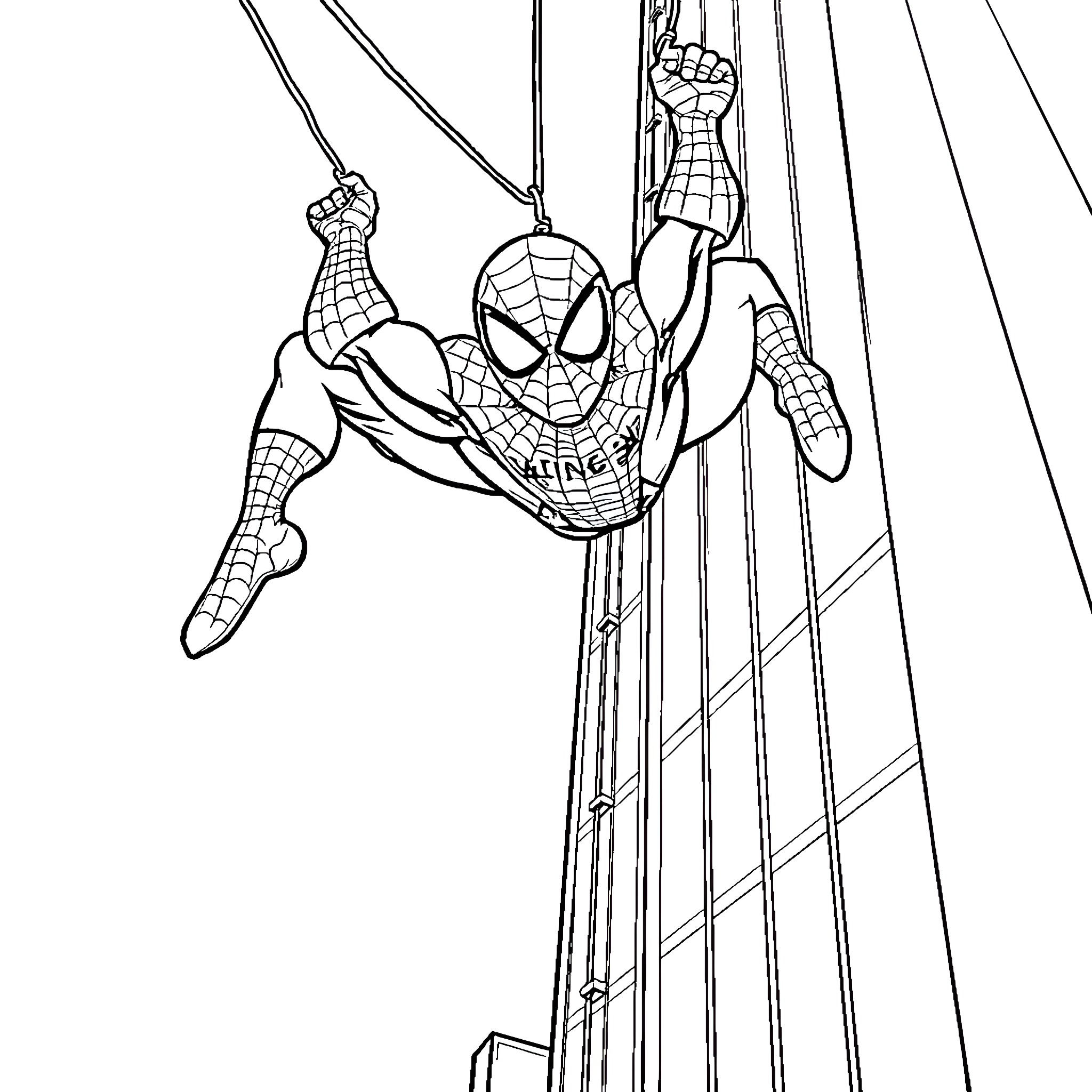 Spiderman swinging heroically through the city Coloring Page (free black-and-white line drawing printable PDF for all, from beginners to advanced learners, including children, teens, adults, and seniors)