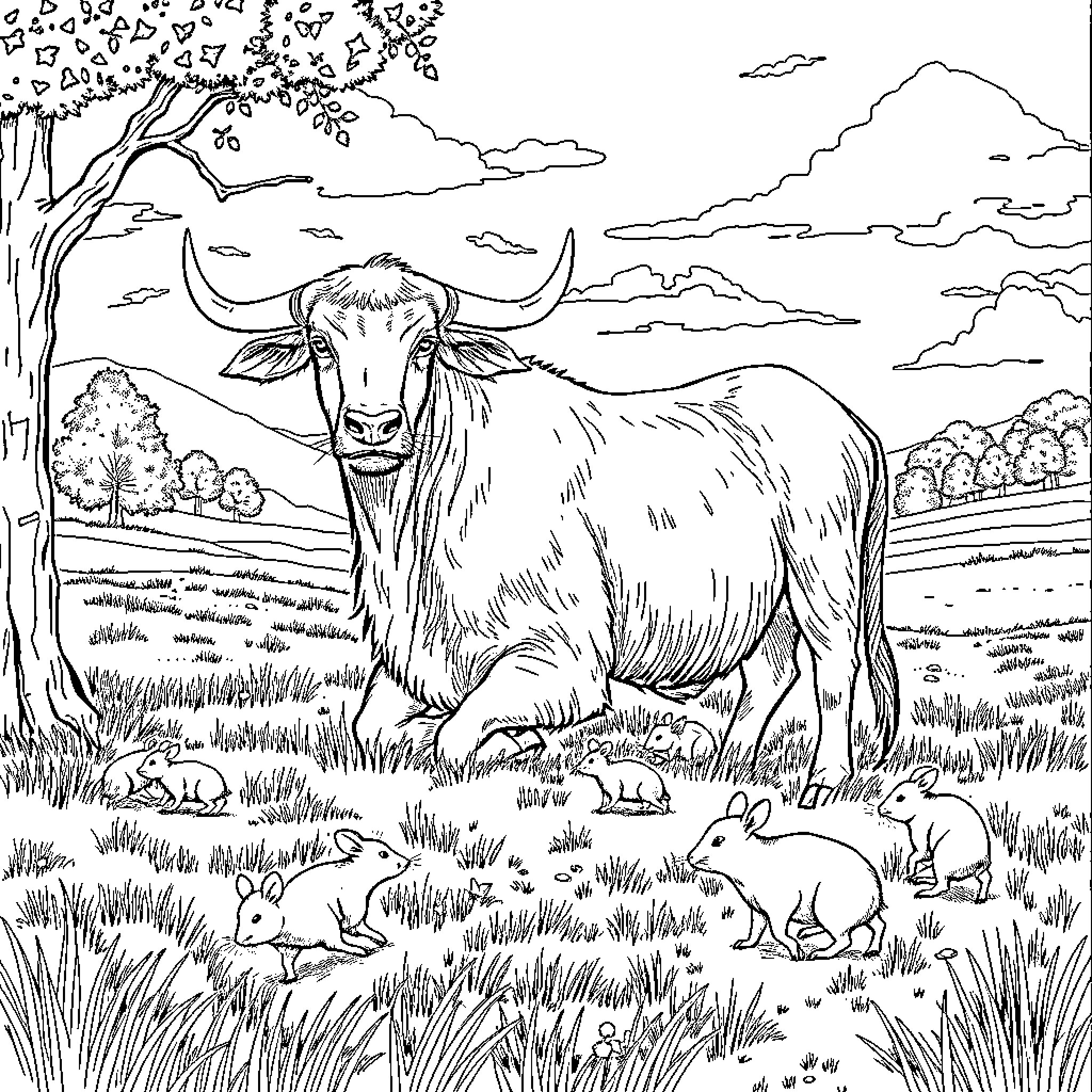 Vaca grazing peacefully in a scenic meadow Coloring Page (free black-and-white line drawing printable PDF for all, from beginners to advanced learners, including children, teens, adults, and seniors)