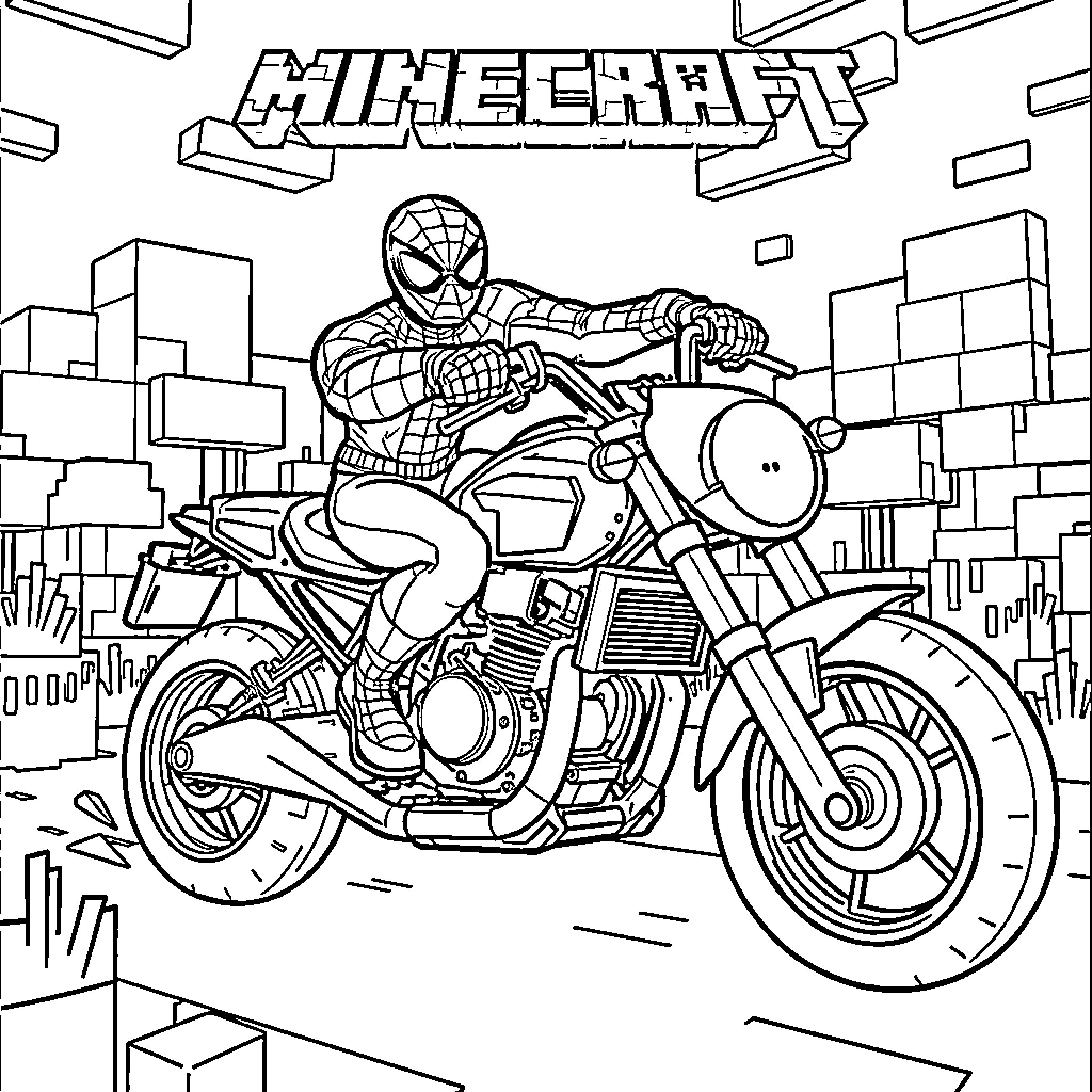 Spiderman riding a motorcycle in the city Coloring Page (free black-and-white line drawing printable PDF for all, from beginners to advanced learners, including children, teens, adults, and seniors)