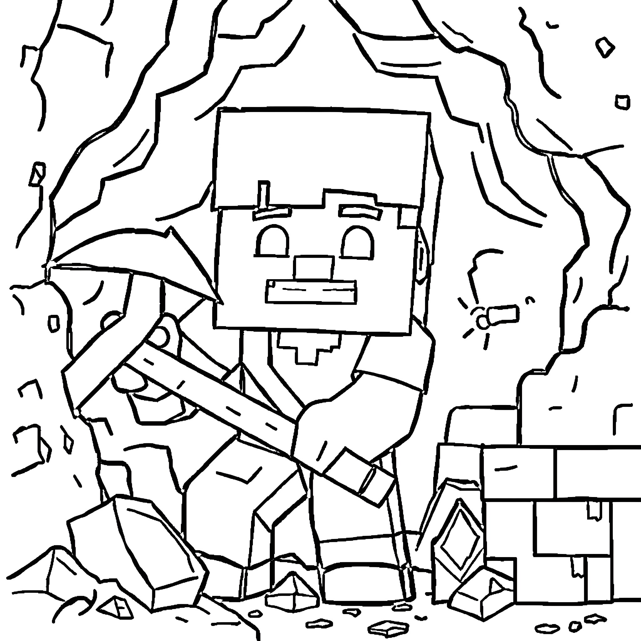 Steve exploring the mysterious cave Coloring Page (free black-and-white line drawing printable PDF for all, from beginners to advanced learners, including children, teens, adults, and seniors)