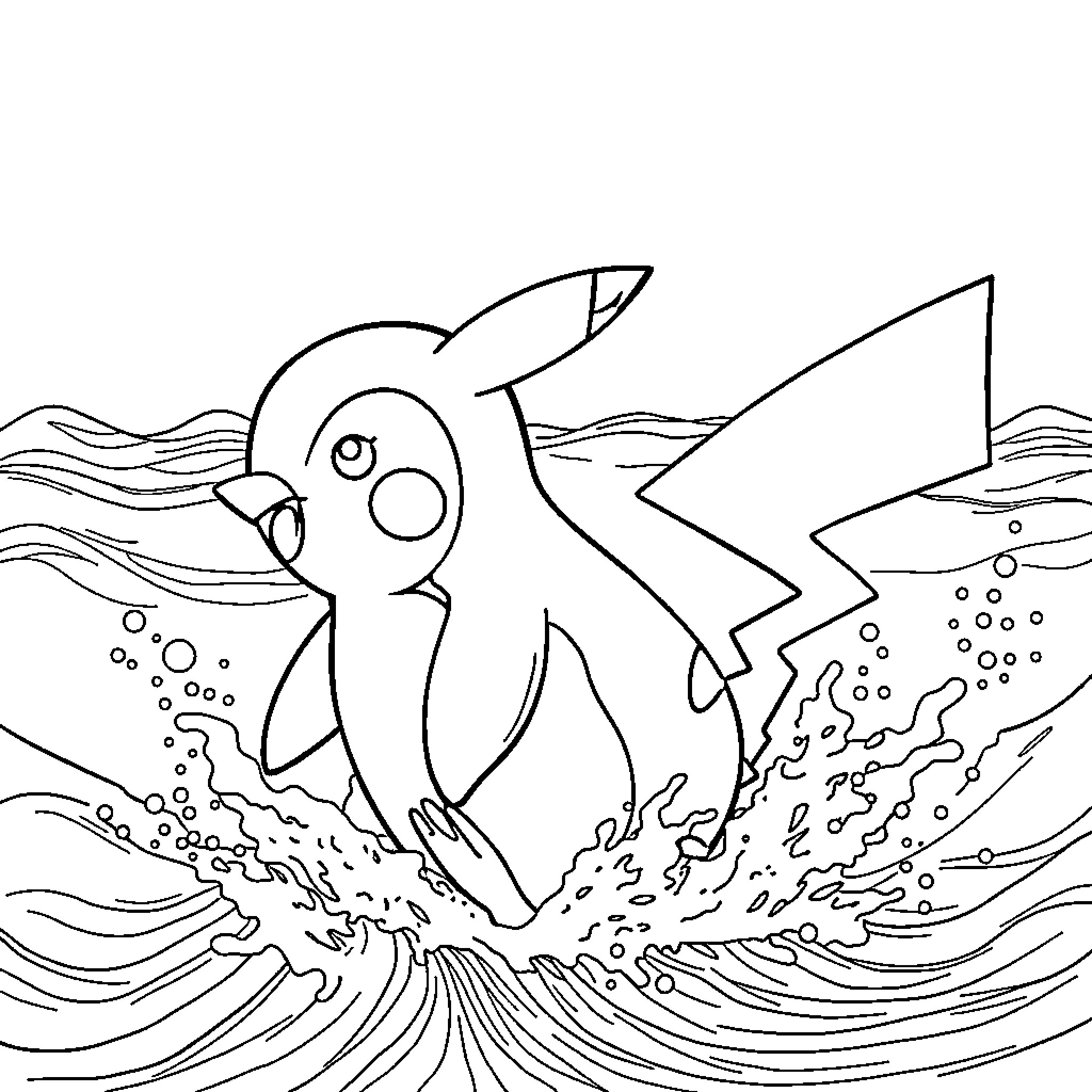 Penguin splashing playfully in the ocean waves Coloring Page (free black-and-white line drawing printable PDF for all, from beginners to advanced learners, including children, teens, adults, and seniors)