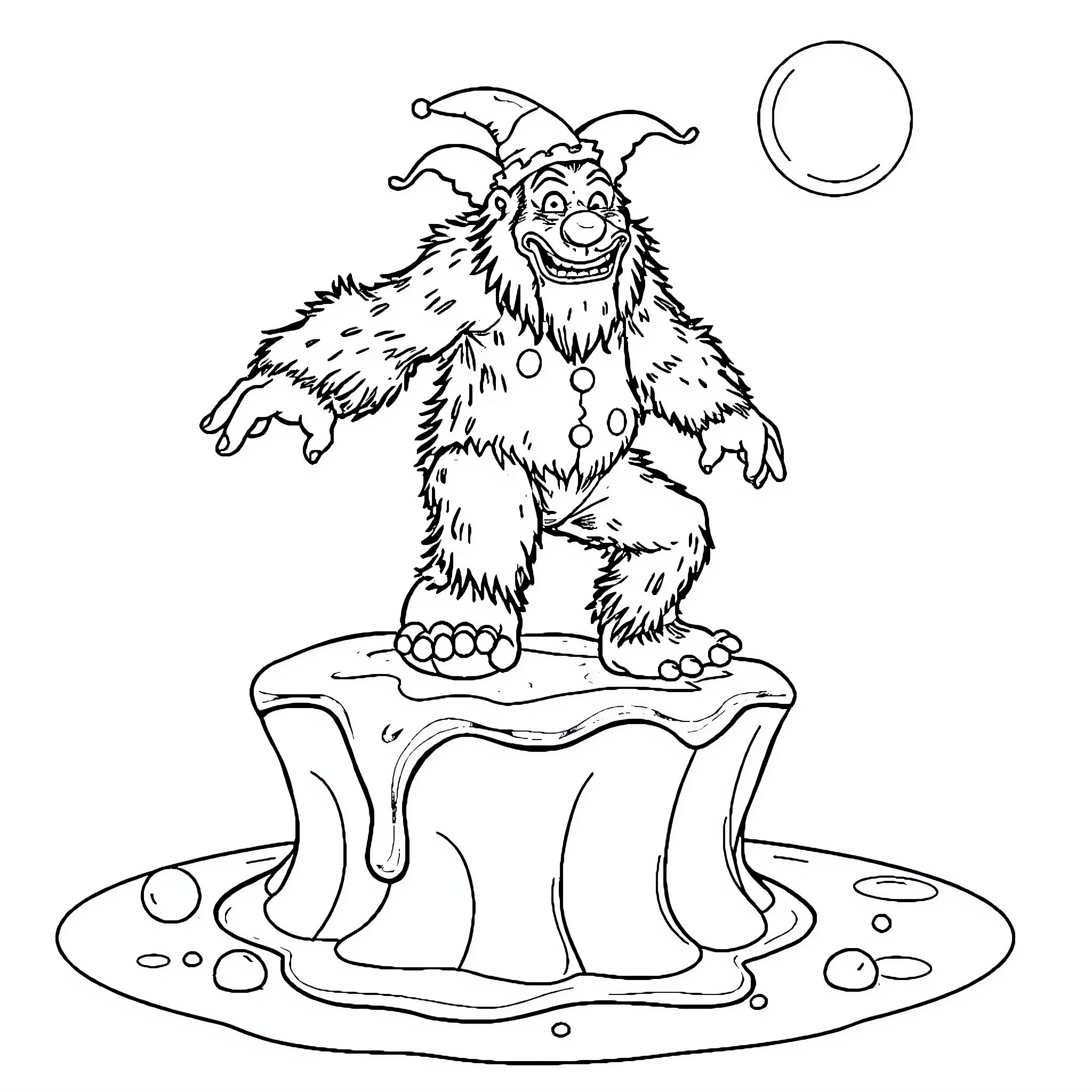 Bigfoot dancing joyfully under the moonlight Coloring Page (free black-and-white line drawing printable PDF for all, from beginners to advanced learners, including children, teens, adults, and seniors)