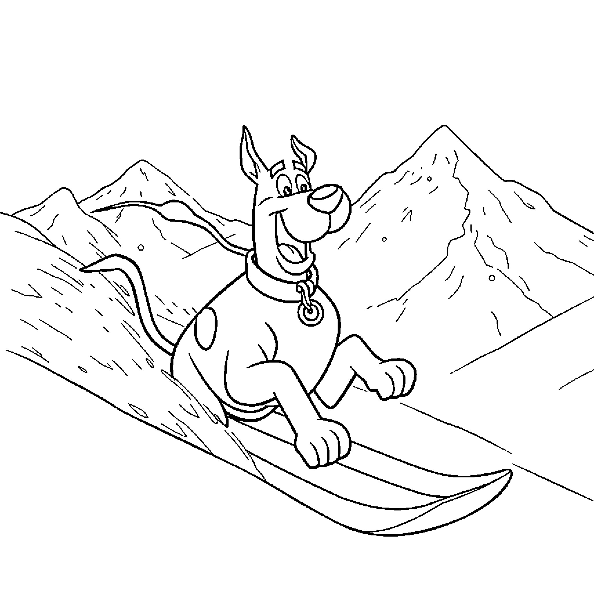 Scooby Doo skiing down mountain slopes Coloring Page (free black-and-white line drawing printable PDF for all, from beginners to advanced learners, including children, teens, adults, and seniors)