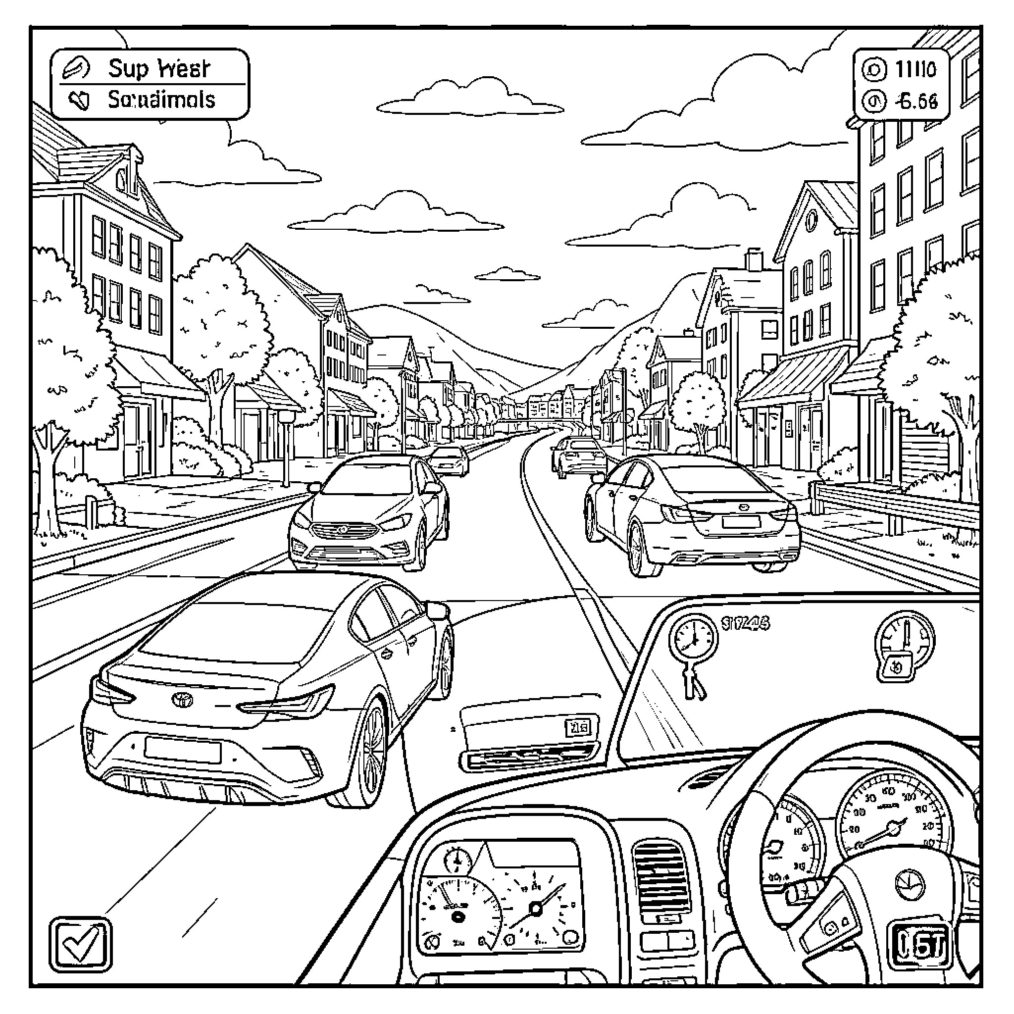 BeamNG cars driving through a busy city street Coloring Page (free black-and-white line drawing printable PDF for all, from beginners to advanced learners, including children, teens, adults, and seniors)