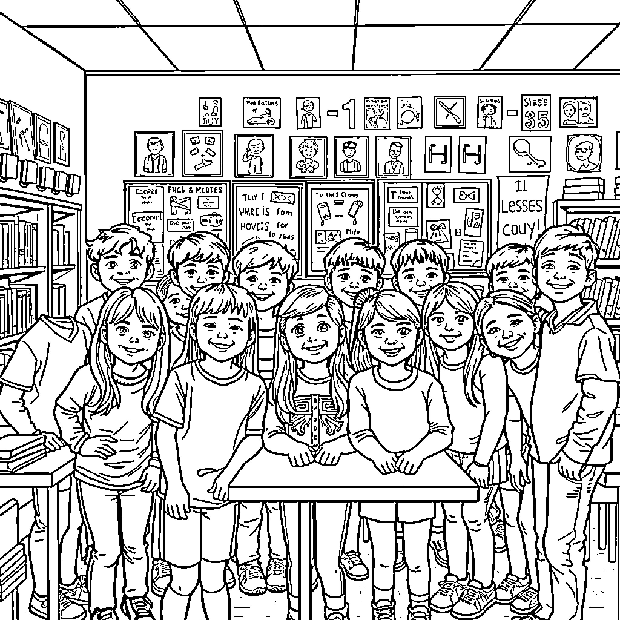 Kid students in classroom learning and studying Coloring Page (free black-and-white line drawing printable PDF for all, from beginners to advanced learners, including children, teens, adults, and seniors)