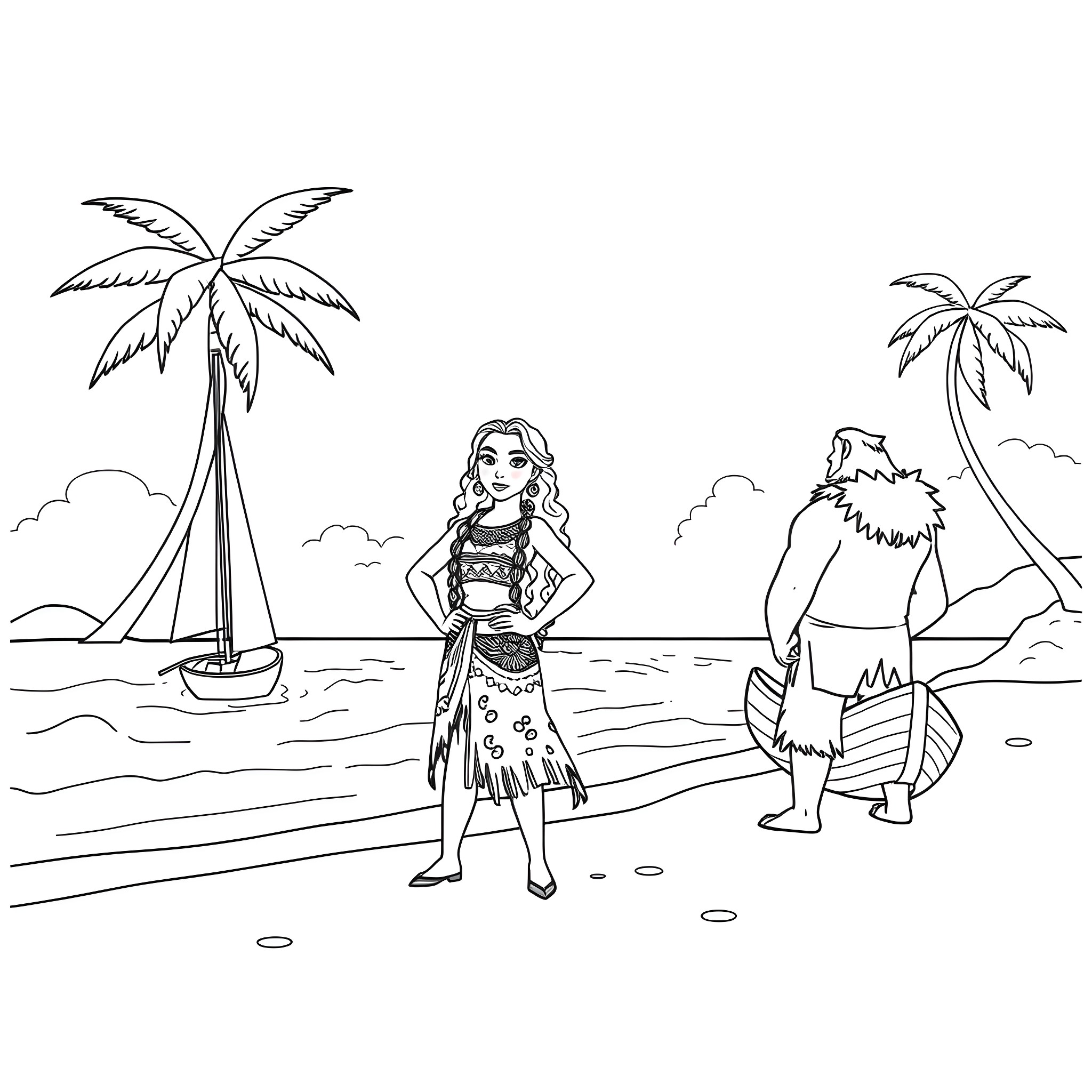 Moana's tropical adventure with Maui Coloring Page (free black-and-white line drawing printable PDF for all, from beginners to advanced learners, including children, teens, adults, and seniors)