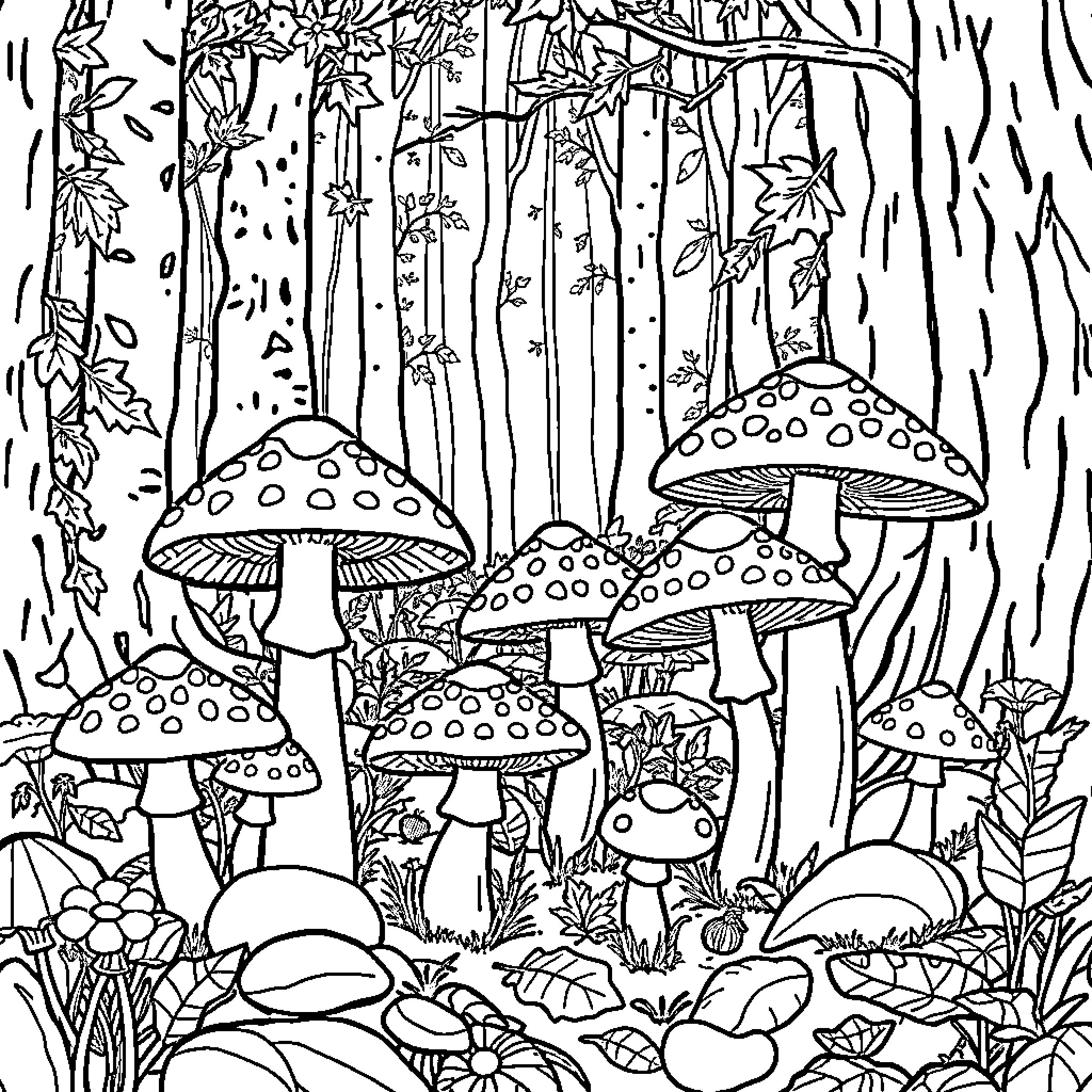 Mushroom forest with whimsical fungi Coloring Page (free black-and-white line drawing printable PDF for all, from beginners to advanced learners, including children, teens, adults, and seniors)
