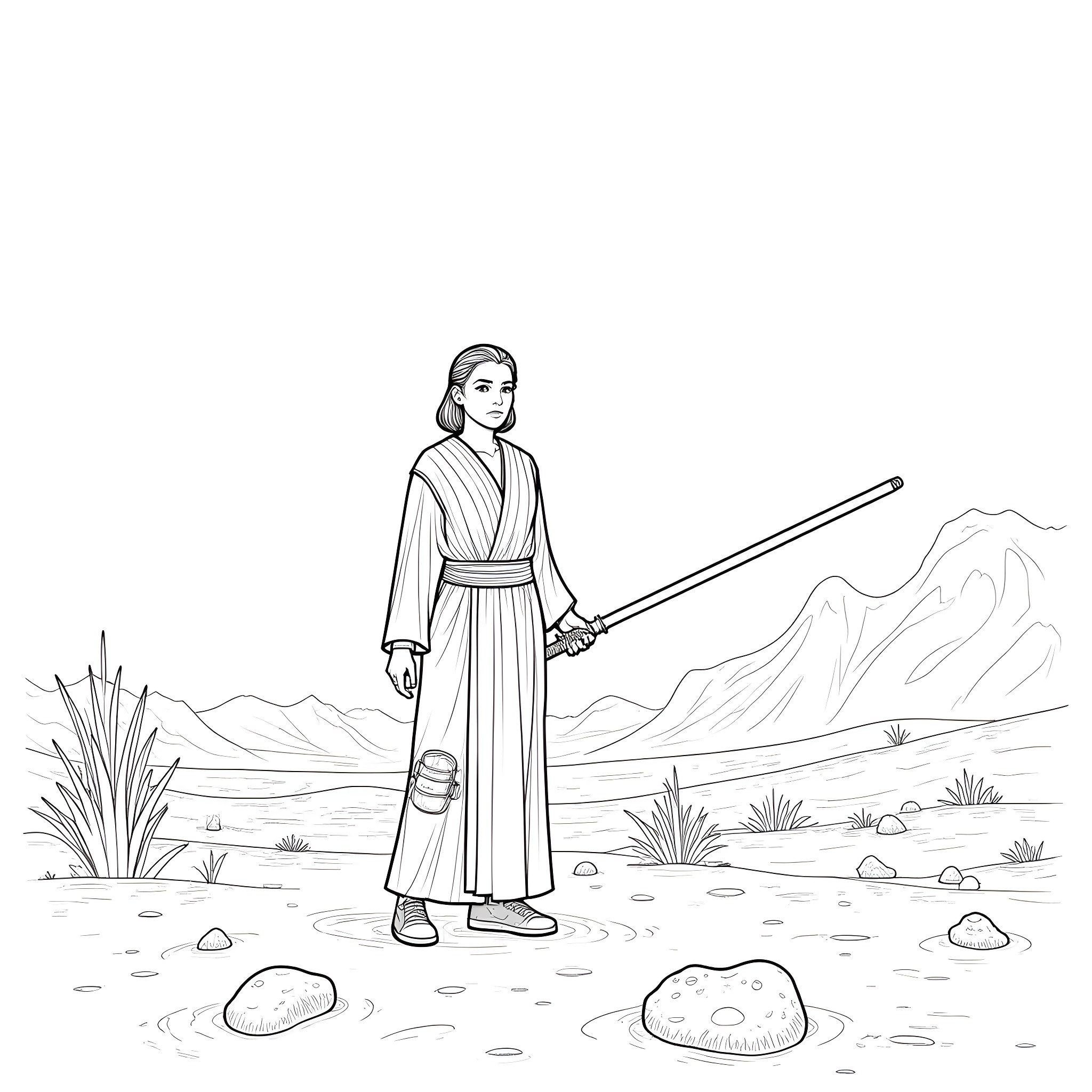 Jedi Knight in the Desert Landscape Coloring Page (free black-and-white line drawing printable PDF for all, from beginners to advanced learners, including children, teens, adults, and seniors)