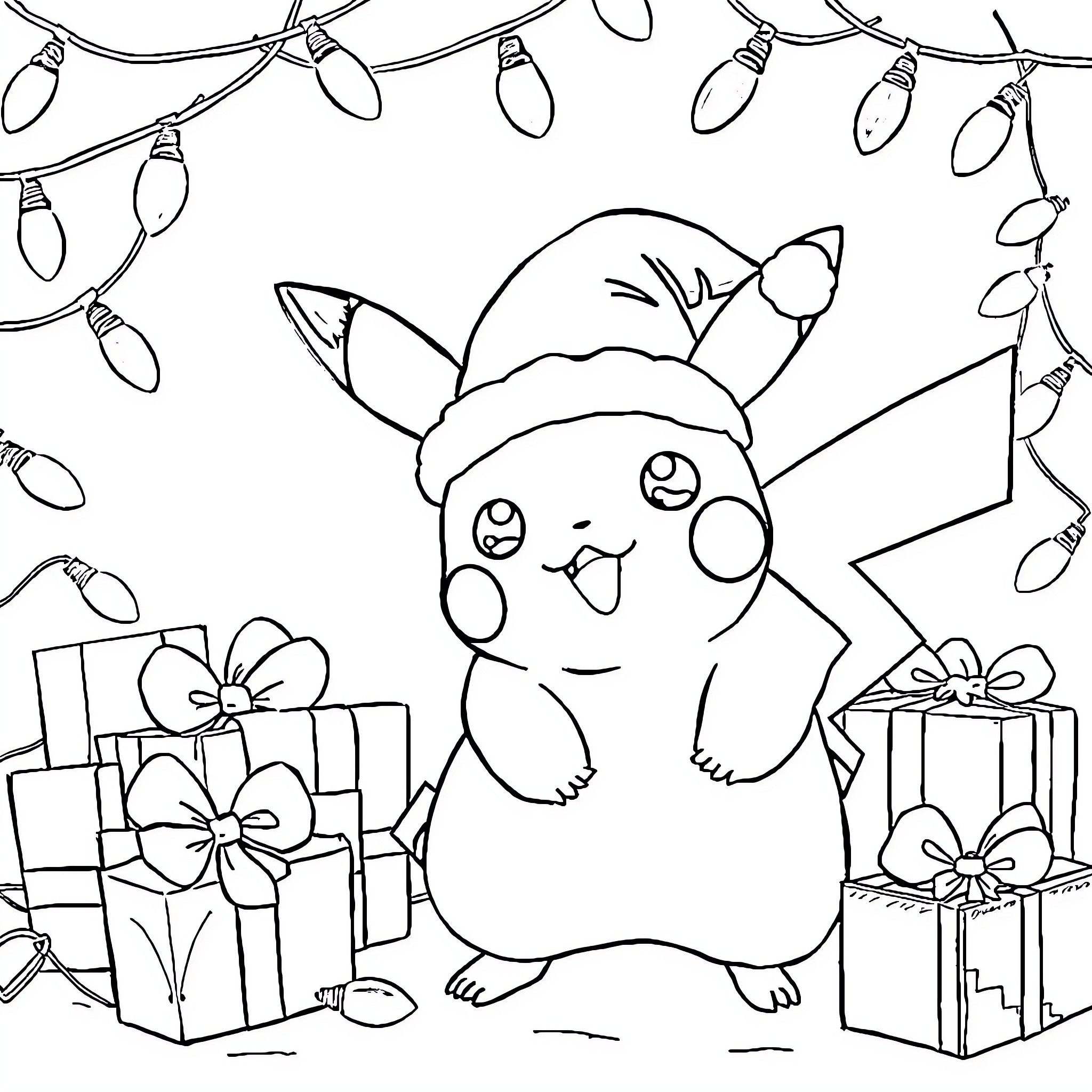 Pikachu celebrating with gifts and lights Coloring Page (free black-and-white line drawing printable PDF for all, from beginners to advanced learners, including children, teens, adults, and seniors)